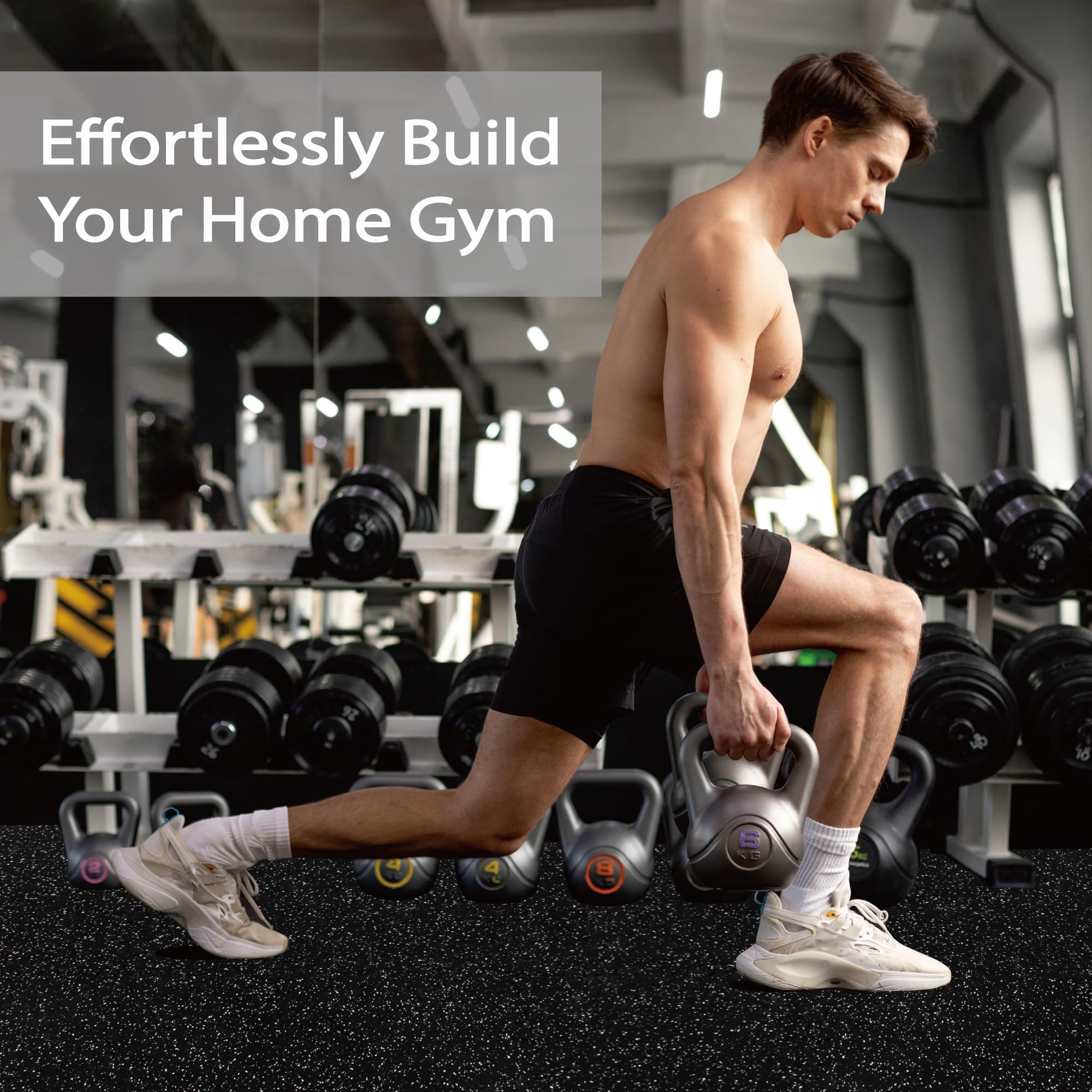 0.56 Inch Thick 48 Sq Ft Interlocking Gym Floor Tiles - Heavy Duty Rubber Top with EVA Foam Base - Home Gym Flooring for Exercise Equipment, Weight Training & Yoga - Protective Puzzle Mats for Fitness Rooms, Basements & Garages