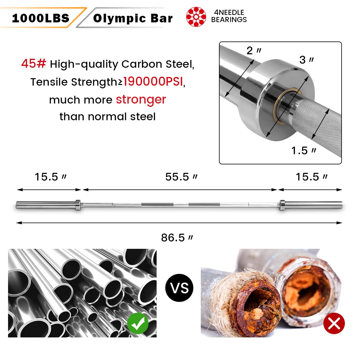 Goplus 7 Feet Olympic Bar - 700/1000LBS Weight Capacity, Solid 2
