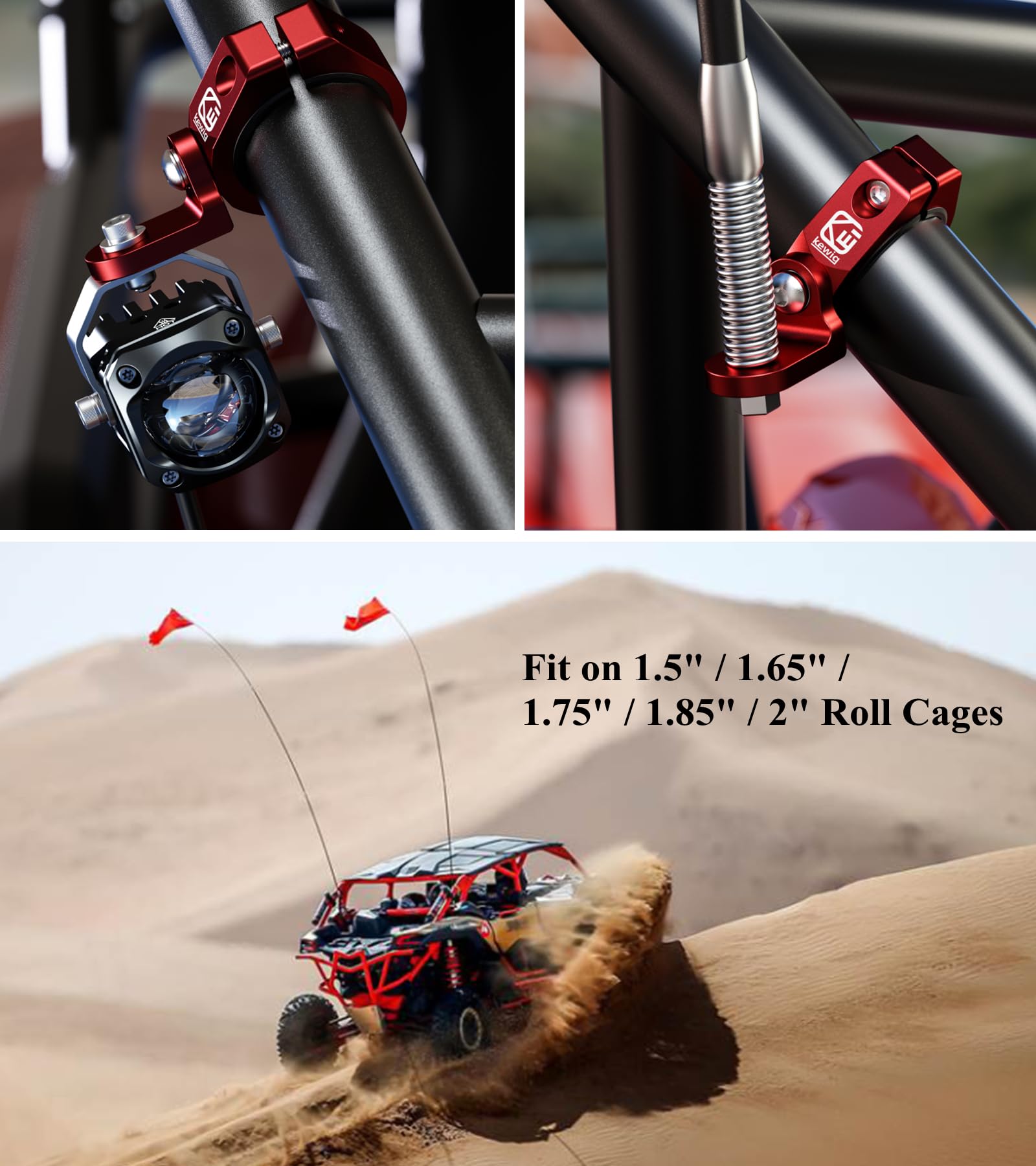 BRCOVAN 2-Pack Heavy Duty UTV Whip Light Mounts - Solid Aluminum Alloy Roll Cage Clamp for 1.5