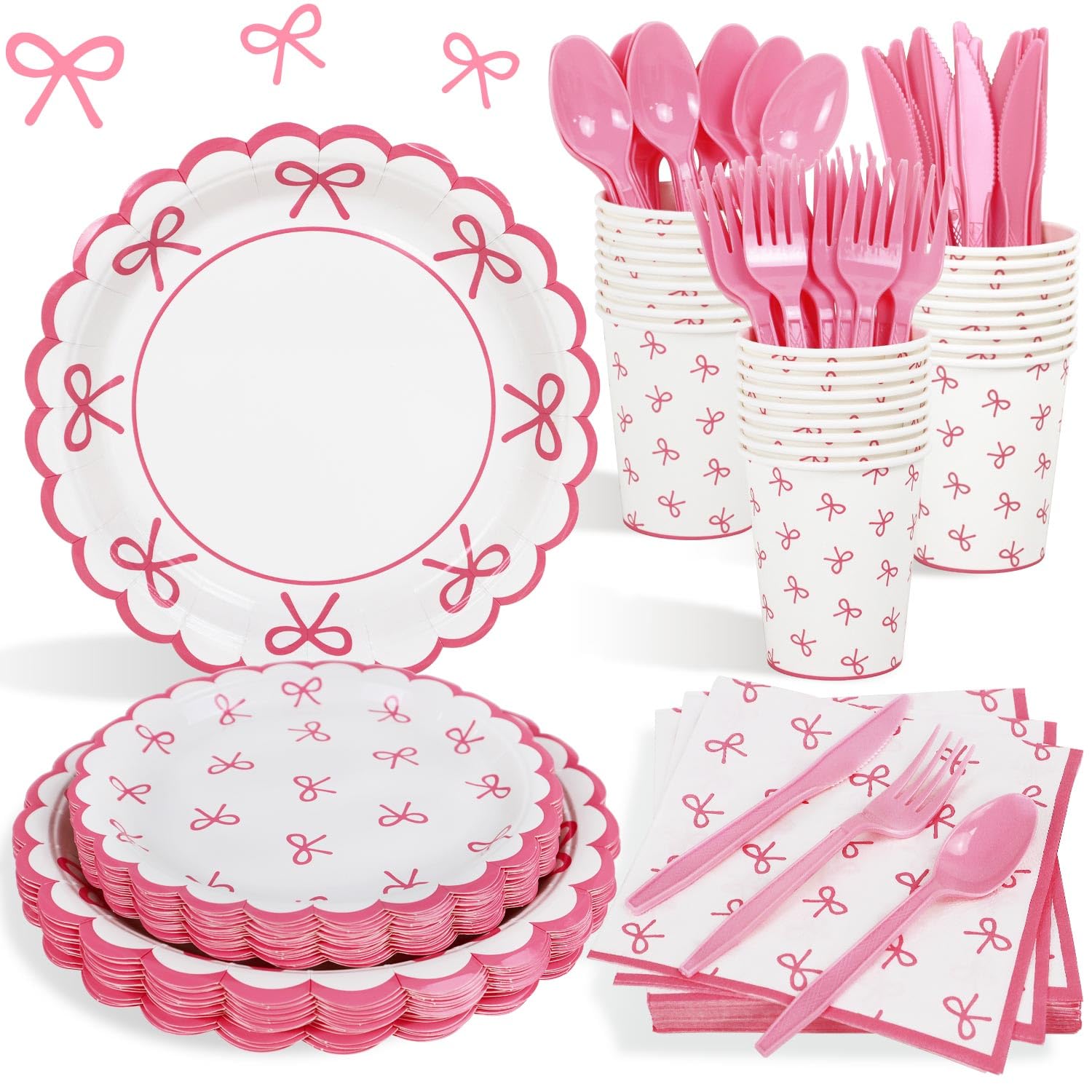 175Pcs Pink Bow Birthday Party Decorations Set - Plates, Napkins, Cups & Cutlery for 25 Guests | Coquette Theme Girls Birthday Supplies | Perfect for Princess Themed Parties, Baby Showers & Bridal Showers