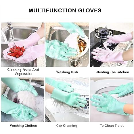 MAXADIL Silicone Gloves for Dishwashing, Car & Bathroom Cleaning - Kitchen & Home Use