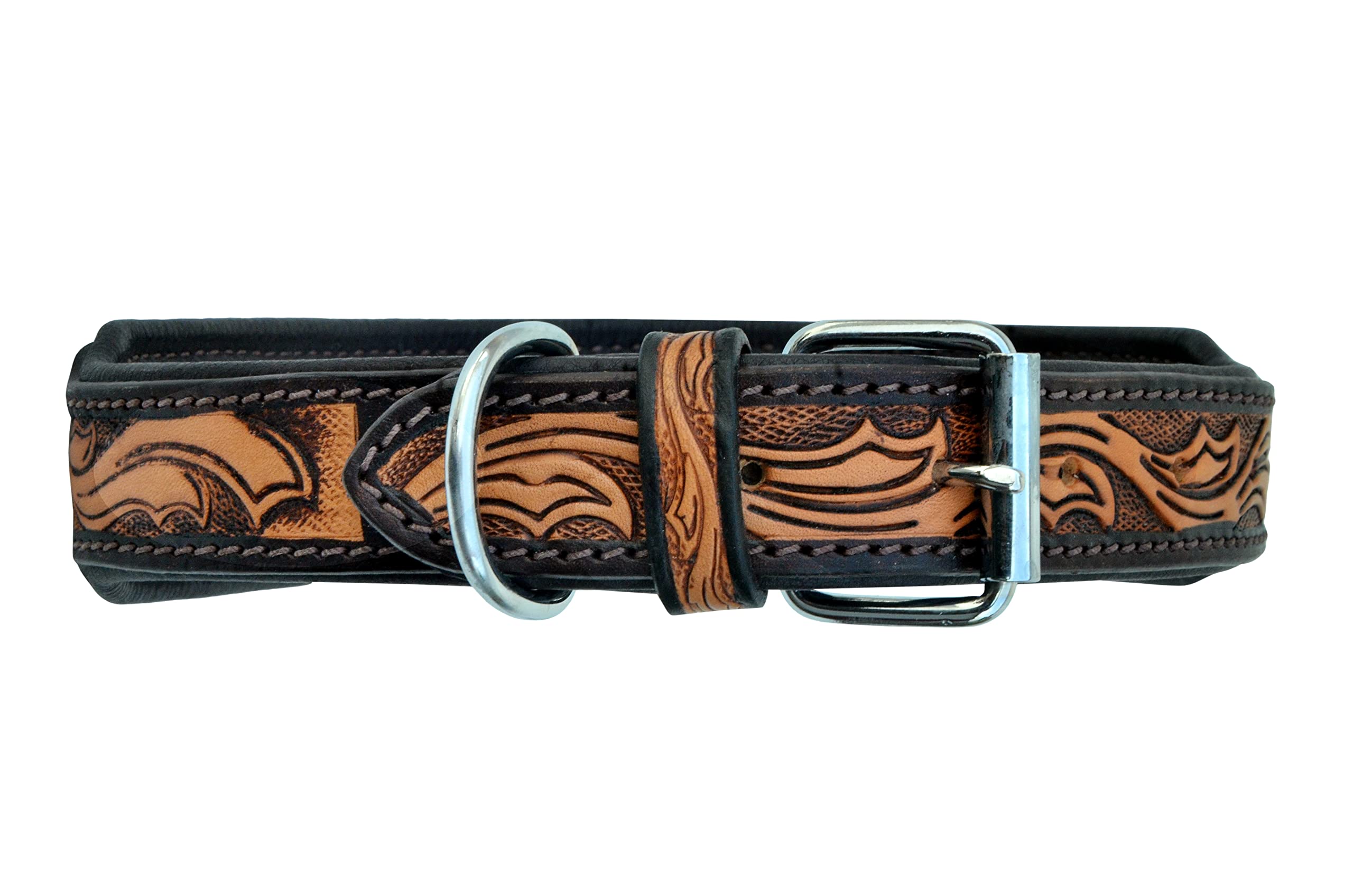 Western Style Leather Dog Collar - Heavy Duty Hand Tooled Adjustable Beaded Padded Soft Collar for Puppies & Large Dogs (10AB016) - Perfect for Training, Walks & Outdoor Adventures