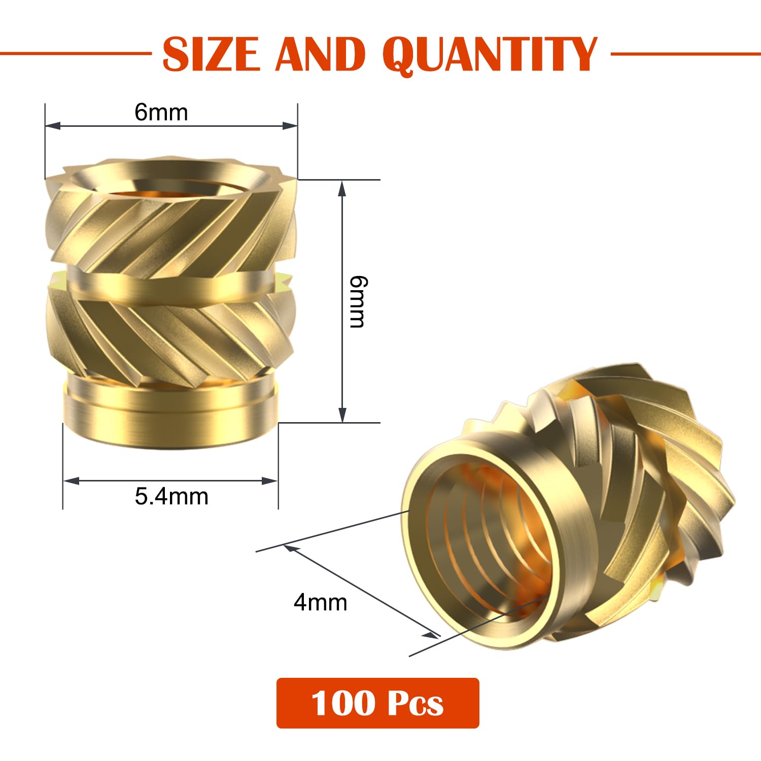 100Pcs M4 Heat Set Inserts - Brass Knurled Nuts for 3D Printing & Plastic Parts - Metric M4xL6xD6 Threaded Inserts - Perfect for DIY Projects, RC Models & Prototyping