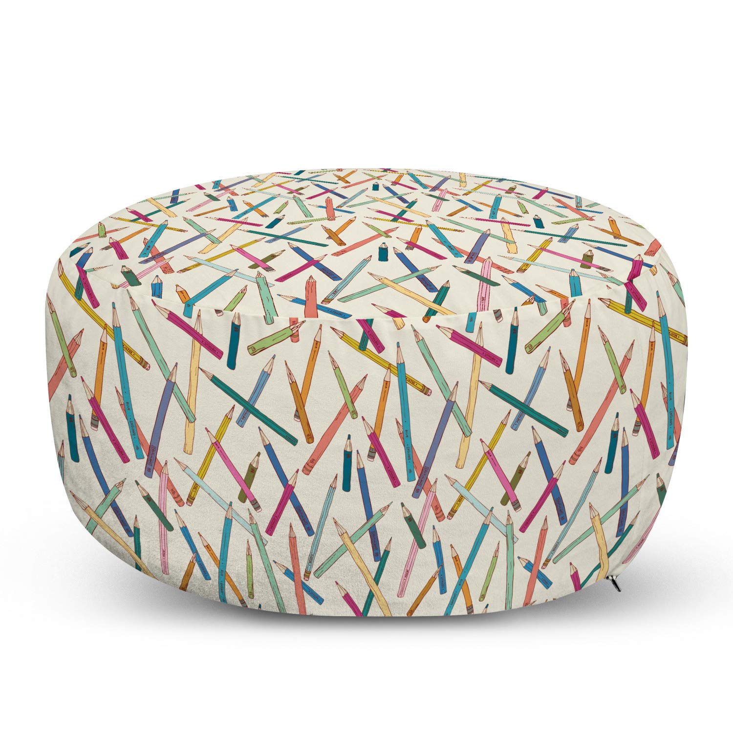 Ambesonne Science Ottoman Pouf - Hand Drawn Colorful Comic Pencils & Paint Tools Print Foot Rest with Removable Cover | Soft Decorative Pouf for Living Room, Bedroom, Office | Multicolor Design for Home Decor & Relaxation
