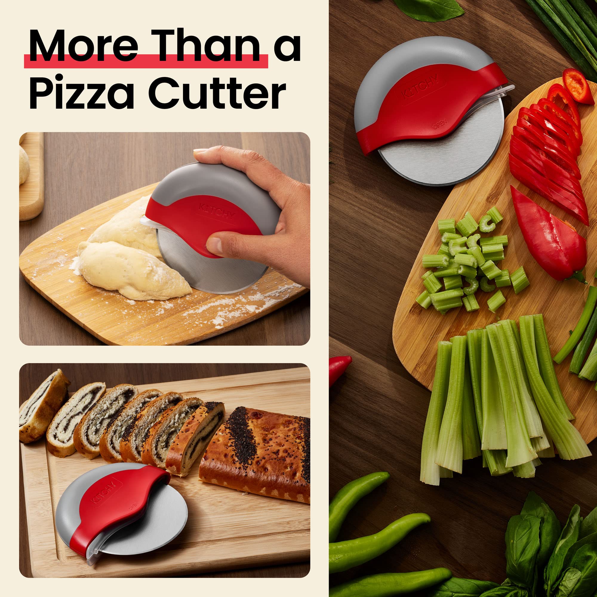 Premium Kitchy Pizza Cutter Wheel with Protective Blade Cover - Sharp Stainless Steel Blade, Ergonomic Non-Slip Handle for Easy Slicing (Red) - Perfect for Homemade Pizza, Pasta, Dough Cutting & Kitchen Prep