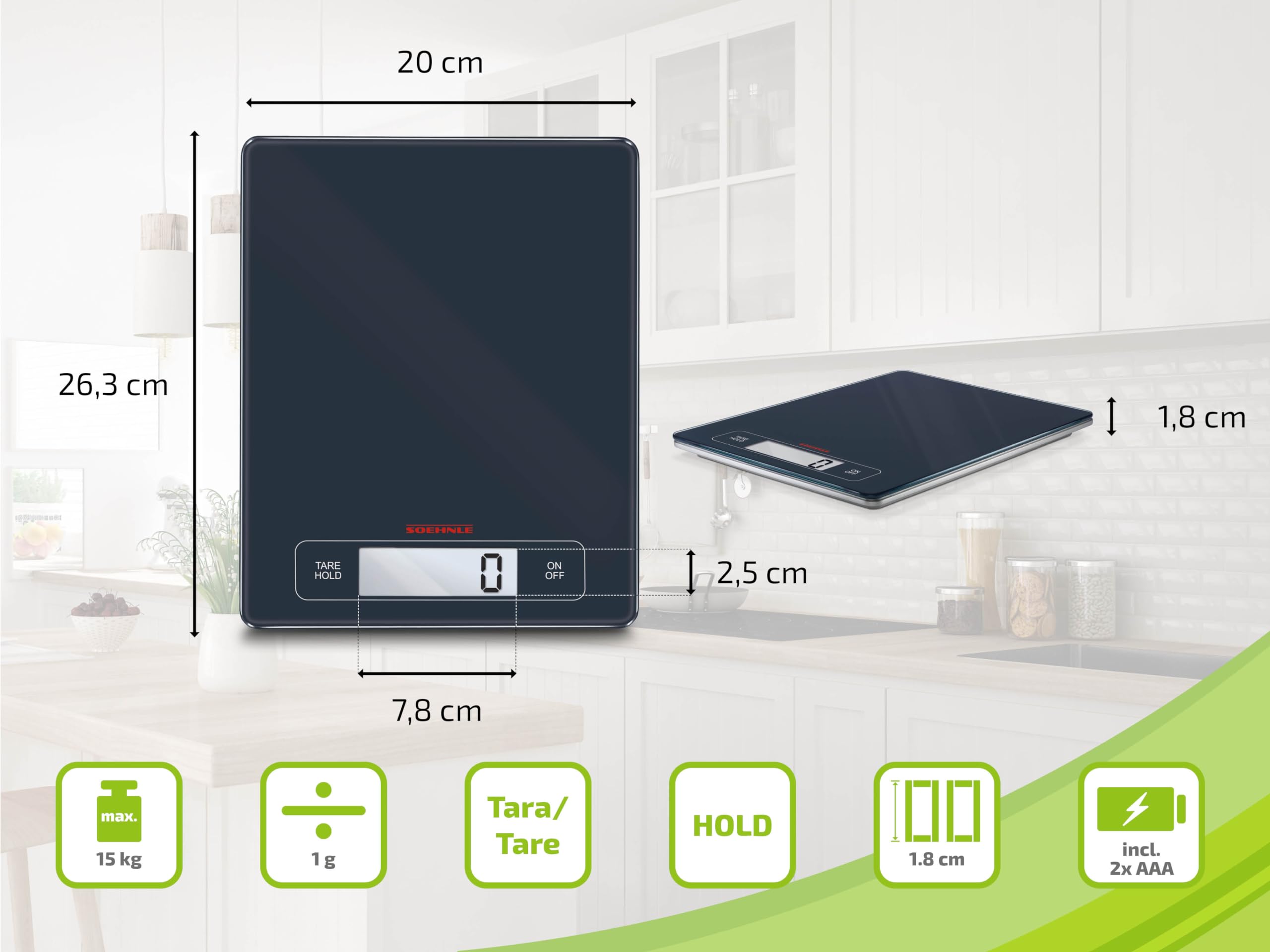 Soehnle Page Evolution Digital Kitchen Scale - 11 lb/5 kg Capacity, Precise Measurements in Grams or Ounces for Baking, Cooking & Meal Prep