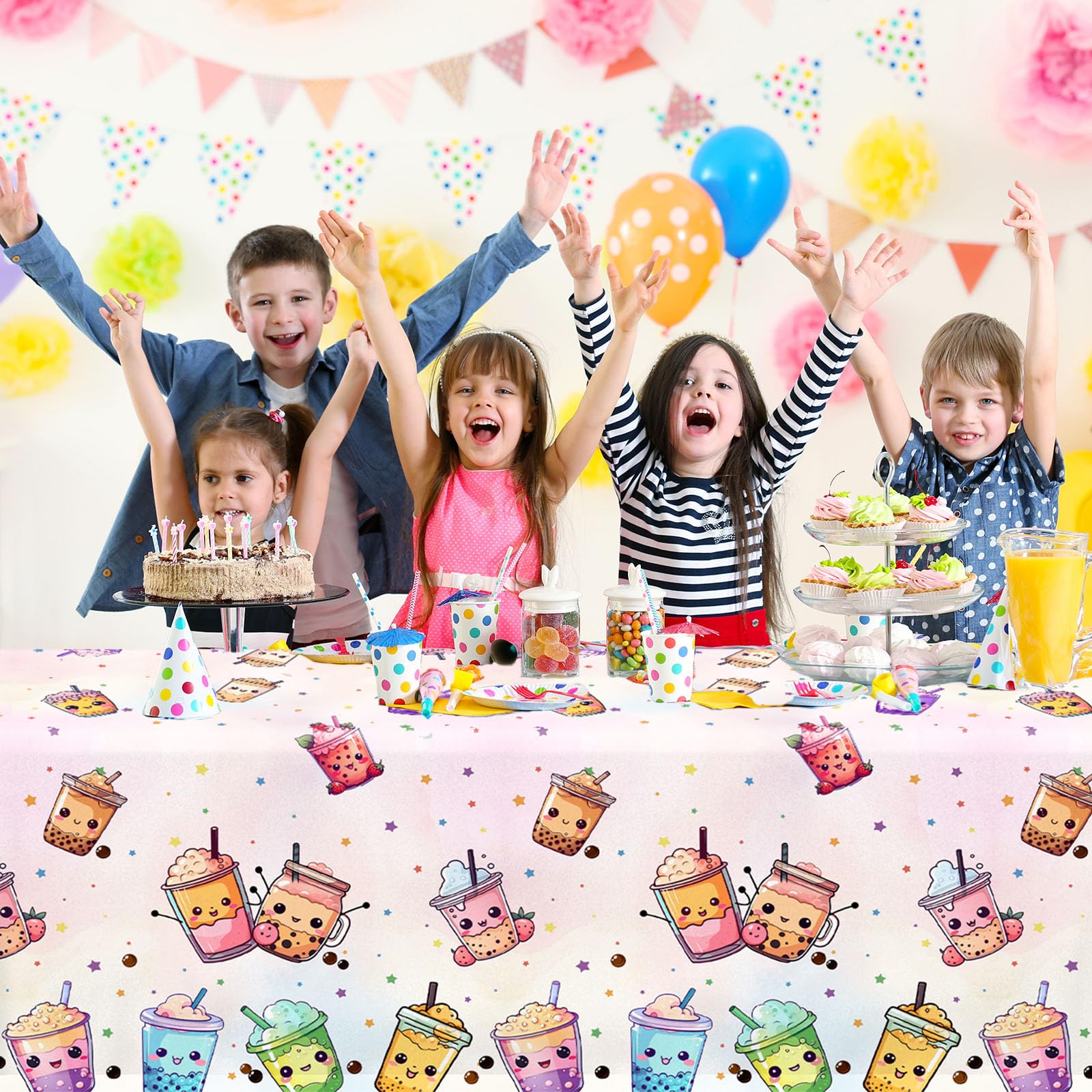 3pcs Waterproof Bubble Tea Tablecloths - Boba Tea Party Decorations, Birthday Table Covers for Kawaii Themed Events & Asian Dessert Celebrations