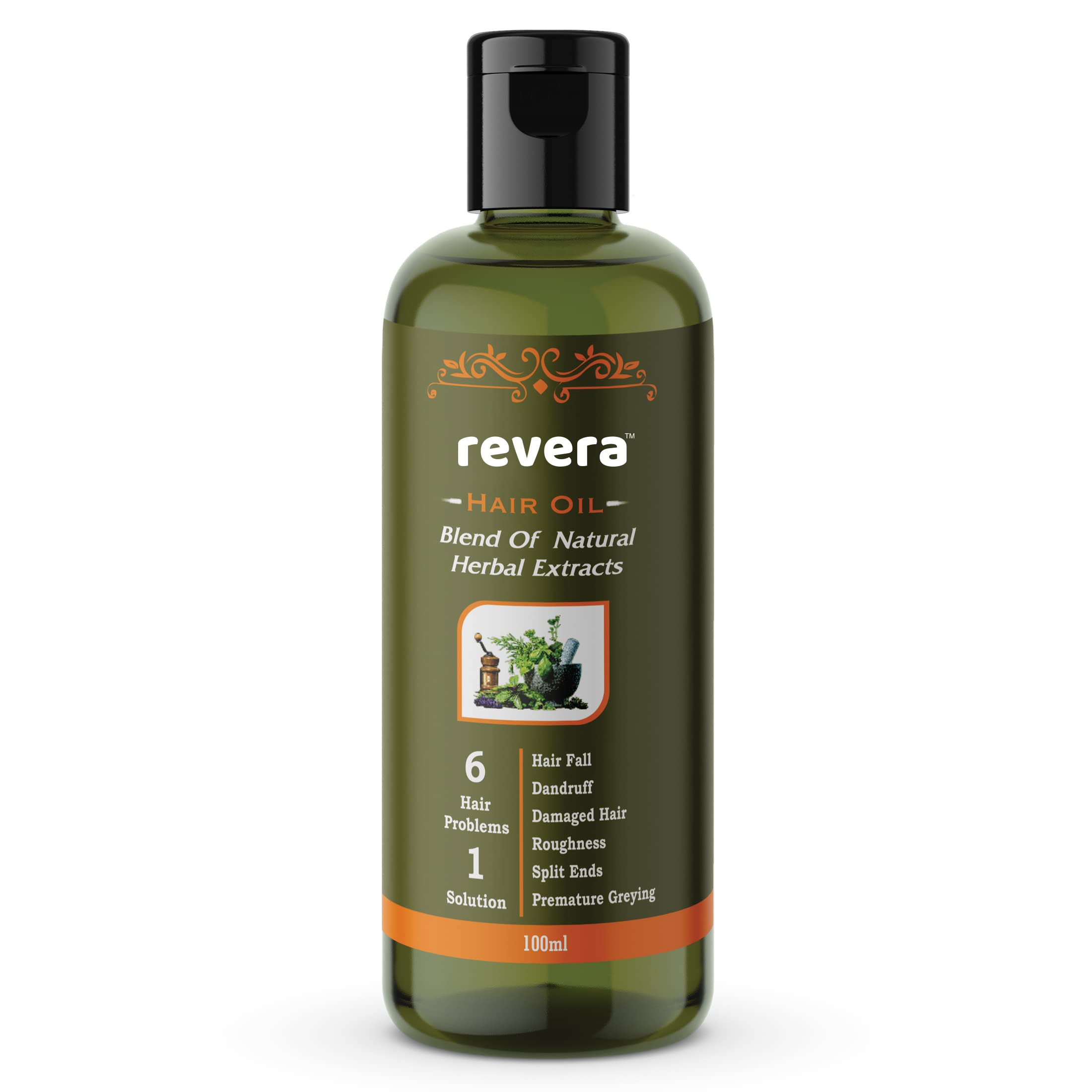 Revera 6 in 1 Herbal Hair Oil 100ml - Pack of 2 | Natural Jaborandi, Bhringraj & Brahmi Oil for Hair Growth, Dandruff & Scalp Care | Ayurvedic Treatment for Thinning Hair & Split Ends | Made in India | Perfect for Daily Hair Care & Scalp Massage