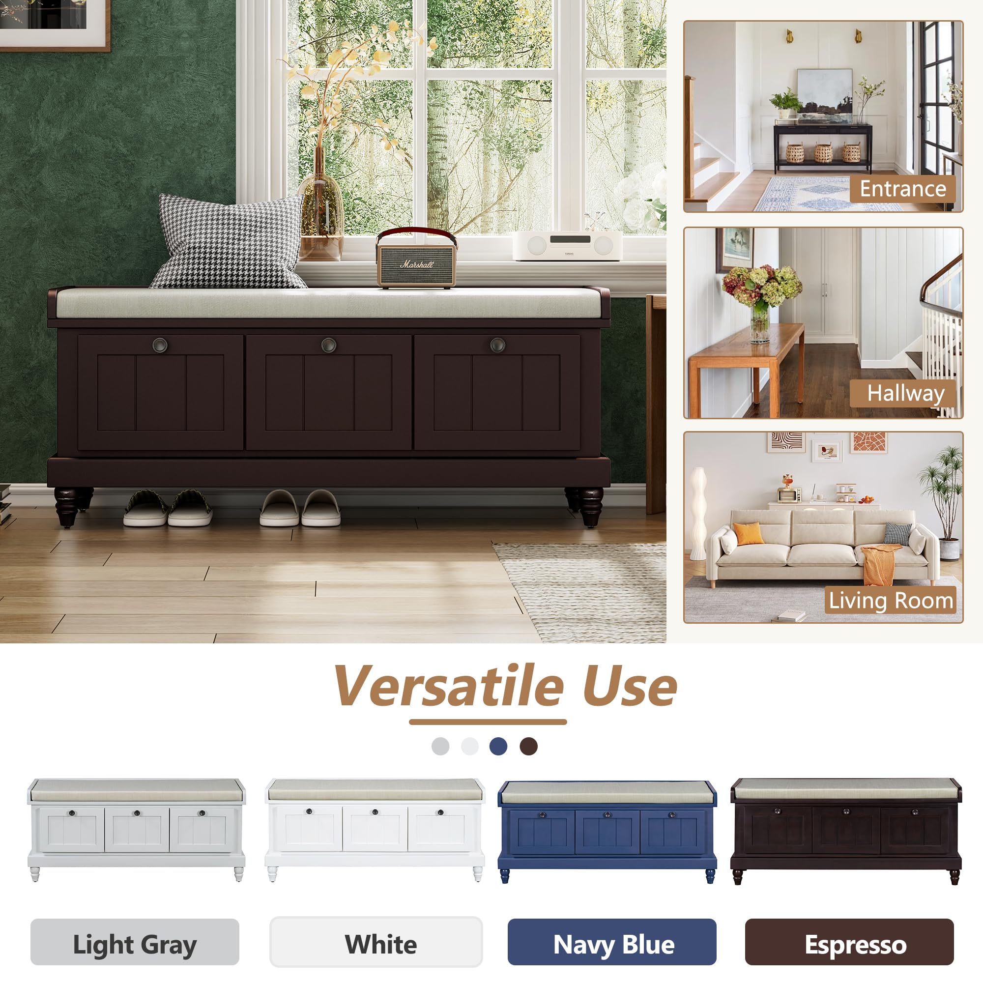 Farmhouse Storage Bench with 3 Drawers - Wooden Entryway Shoe Bench with Cushion for Living Room & Hallway Storage