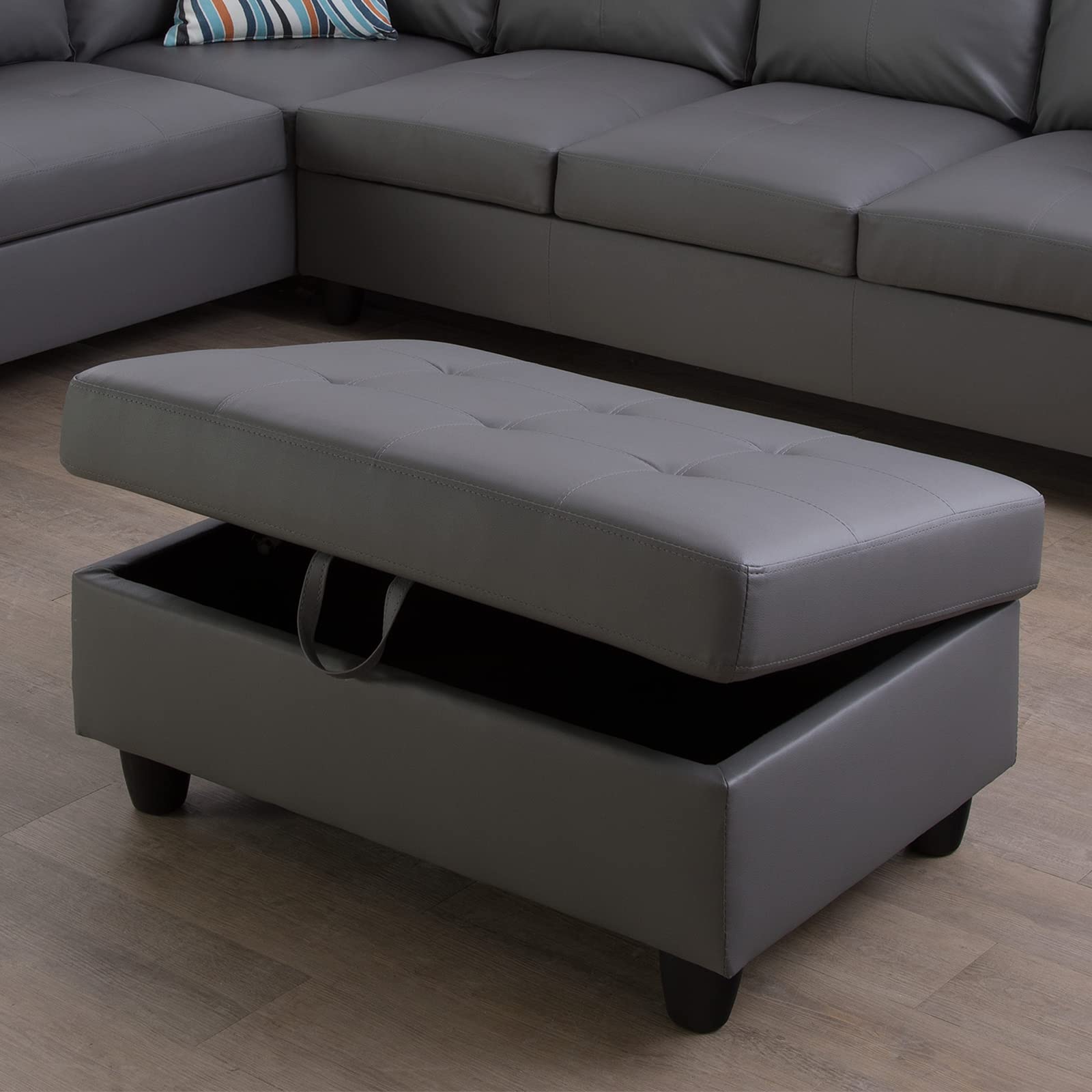 Modern Faux Leather Sectional Sofa with Storage Ottoman - Dark Grey Living Room Furniture Set for Small Spaces & Apartments (35