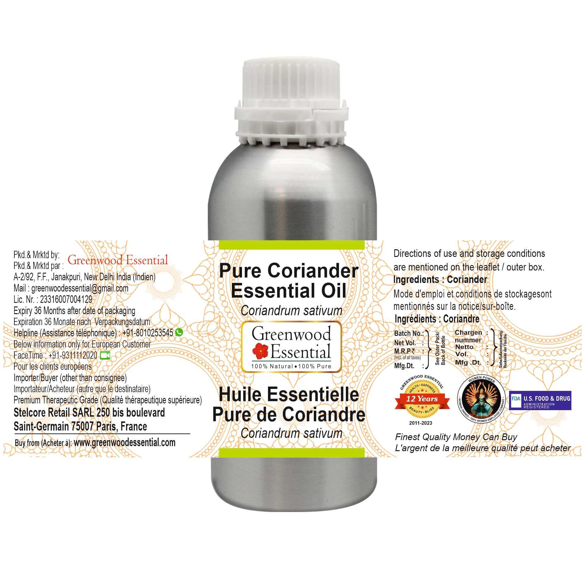 Pure Coriander Essential Oil (Coriandrum sativum) 300ml (10 oz) - 100% Natural Aromatherapy Oil for Relaxation, Massage & DIY Skincare