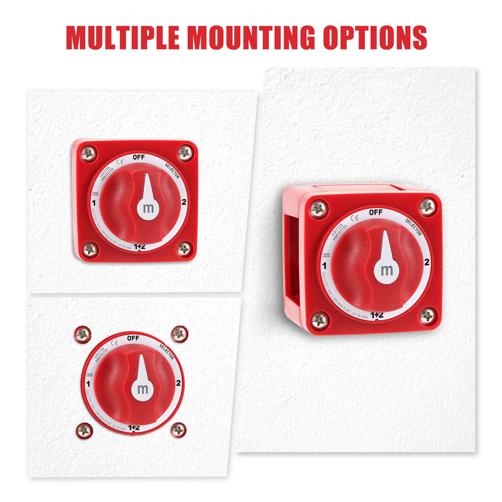 6007 m-Series 4 Position Marine Battery Disconnect Switch (1-1+2-2-Off) - Heavy Duty Boat Battery Selector for Car, RV, Trailer - Red - Perfect for Marine Power Management & Vehicle Electrical Systems