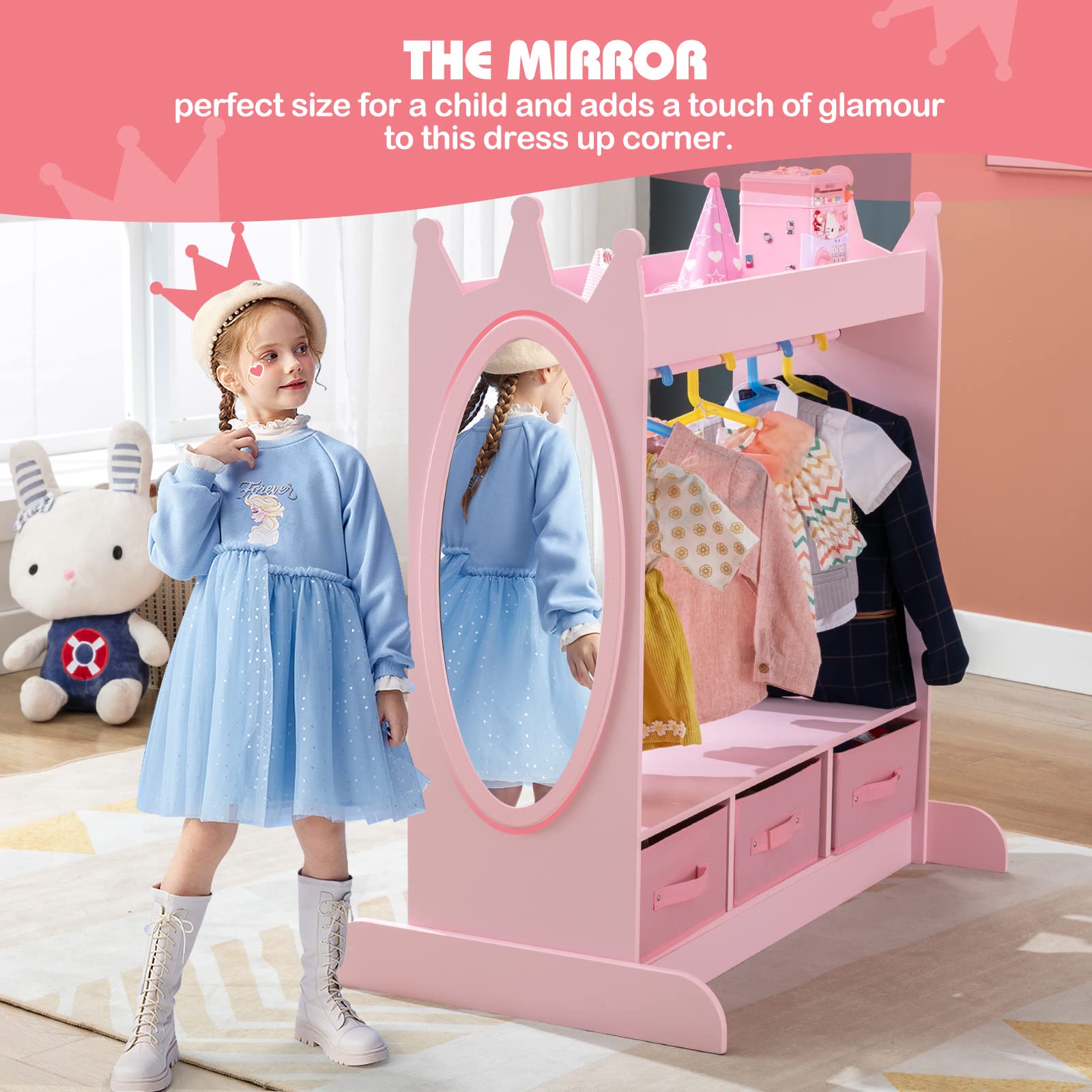 Kids Armoire Dress-Up Storage with Mirror and Drawers - Pink Costume Wardrobe Closet for Girls Room | Pretend Play Organizer with Side Pockets & Shoe Storage | Perfect for Bedroom Decor, Toy Organization & Dress-Up Play