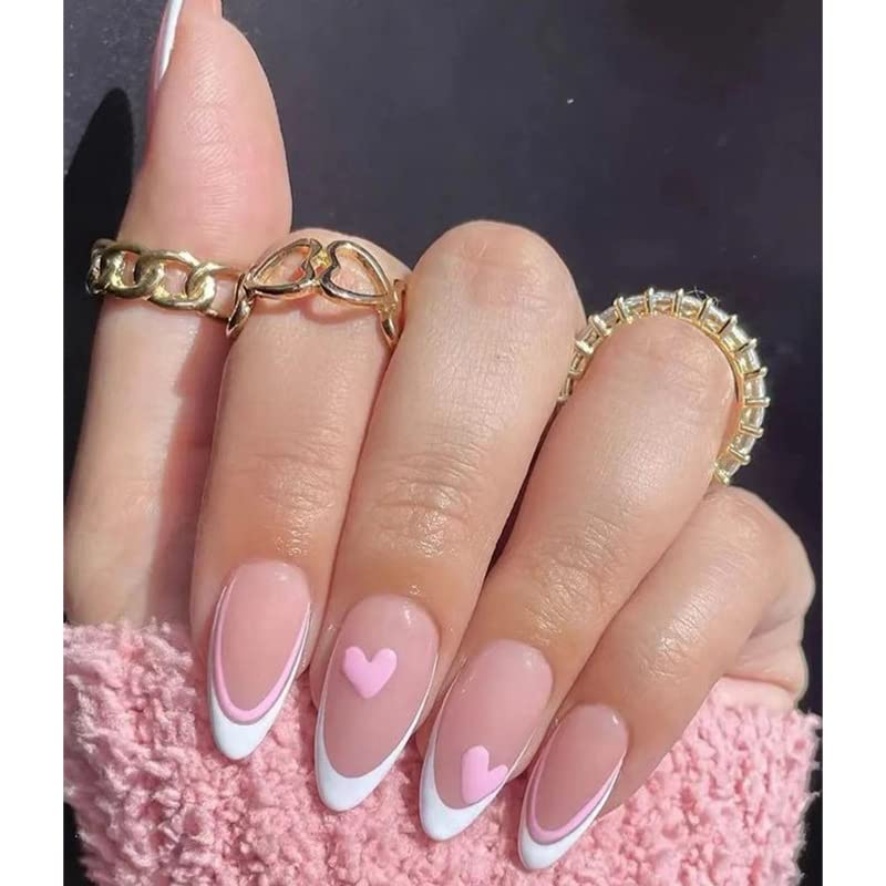 24 Pcs Almond Press on Nails - Short Length Fake Nails with White Trim & Pink Heart French Designs, Includes Nail Glue - Ballet Nail Art for Women & Girls - Perfect for Parties, Weddings, Date Nights & Everyday Wear