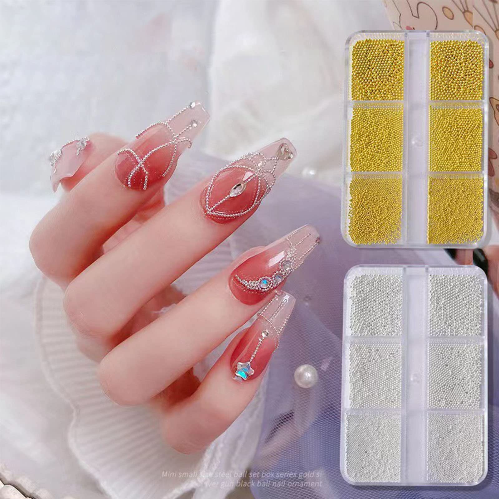 Mini Stainless Steel Nail Art Beads - Gold & Silver Caviar Ball Studs for Gel Polish, Acrylic & Nail Glue - 1 Box Nail Decorations & Jewelry Accessories - Perfect for DIY Manicures, Salon Nail Art & Party Glam Looks