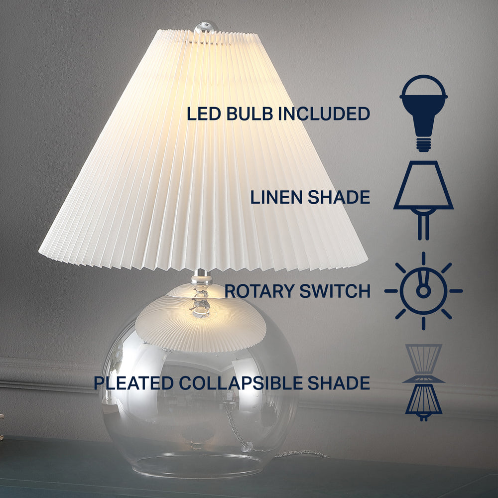 Mid Century Modern Round Glass and Iron LED Table Lamp with Pleated Shade - 22.5
