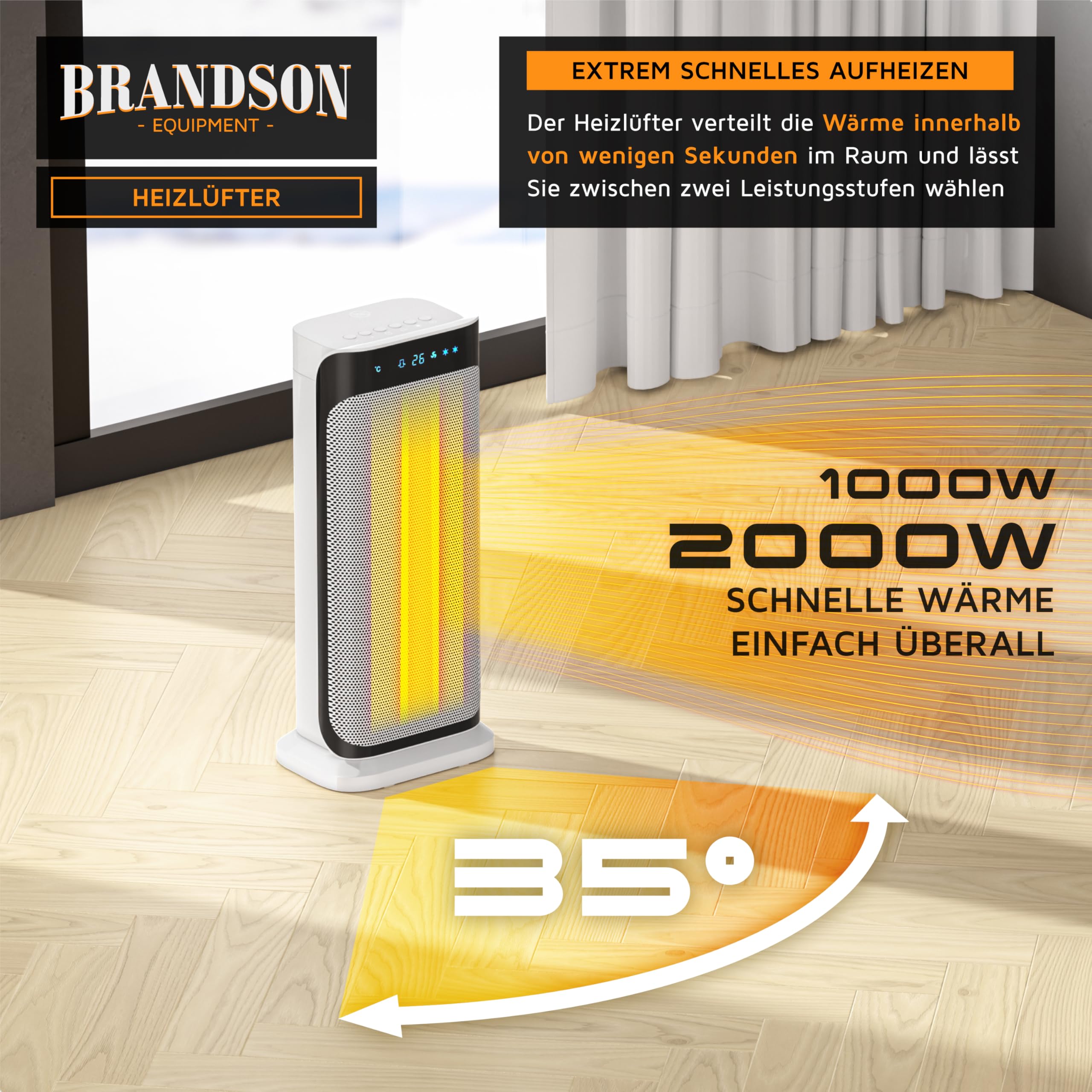 Brandson - Energy Efficient Ceramic Space Heater with Remote Control - Quiet Oscillating Bathroom Heater with Timer - GS Certified - Perfect for Bedroom, Office & Small Spaces