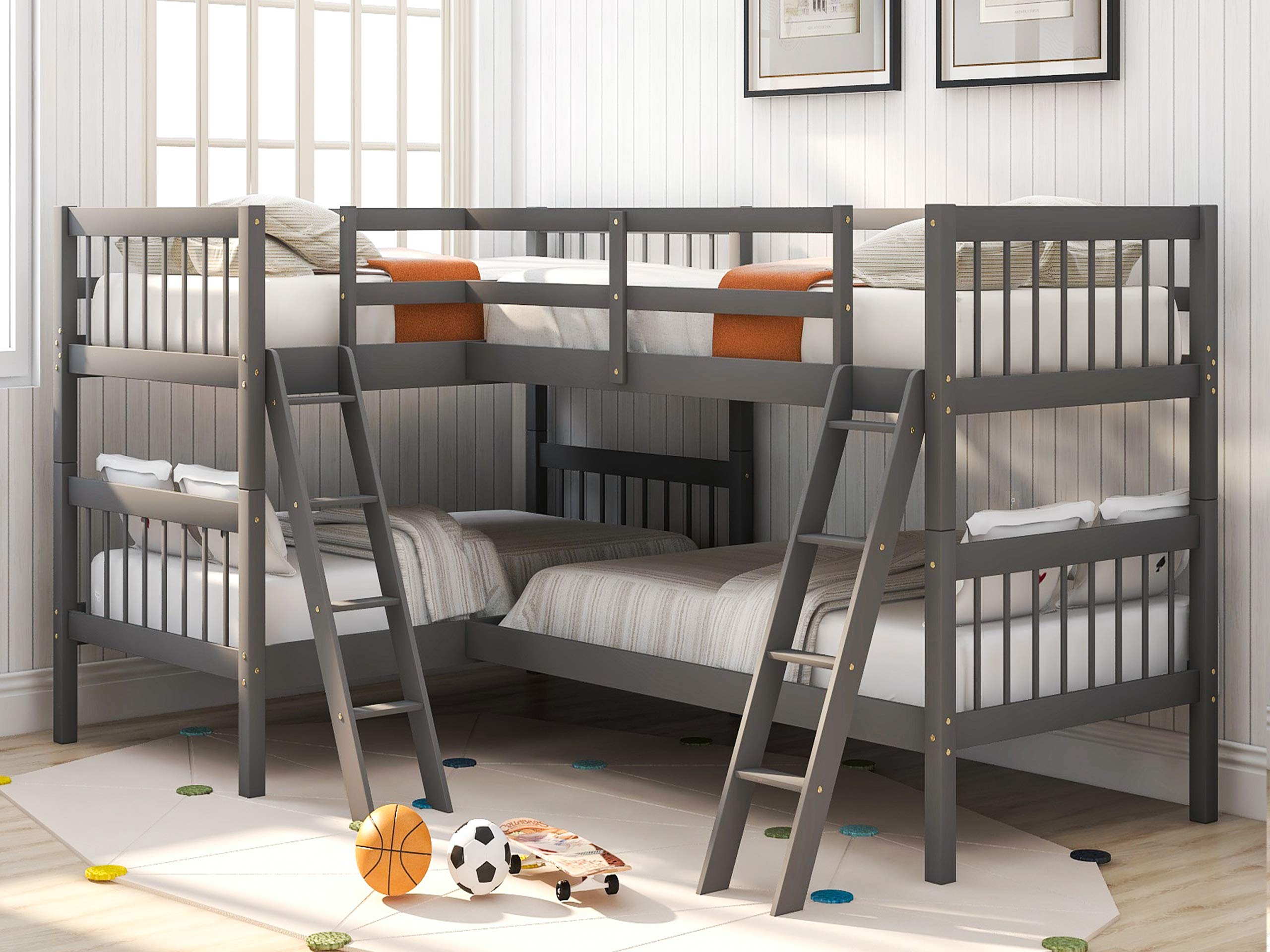 Harper & Bright Designs L-Shaped Quad Bunk Bed for 4 - Twin Size Wooden Bunk Bed Frame for Kids, Teens & Adults - Space-Saving Gray Bedroom Furniture for Small Rooms, Dorms & Vacation Homes