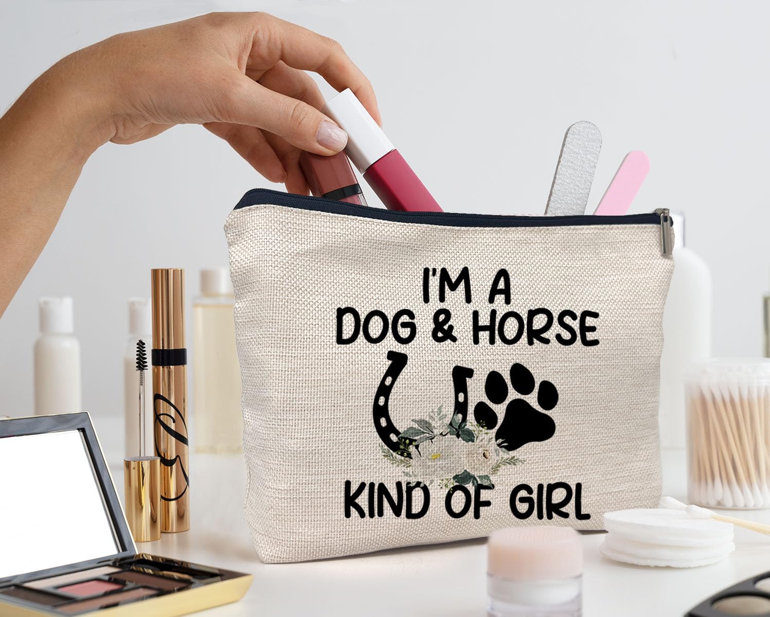 Premium Horse & Dog Themed Makeup Bag with Zipper - Perfect Gift for Dog Lovers & Horse Enthusiasts - Travel Toiletry Pouch for Women - 'I'm a Dog Horse Kind of Girl' Design - Ideal for Travel, Gym & Daily Use