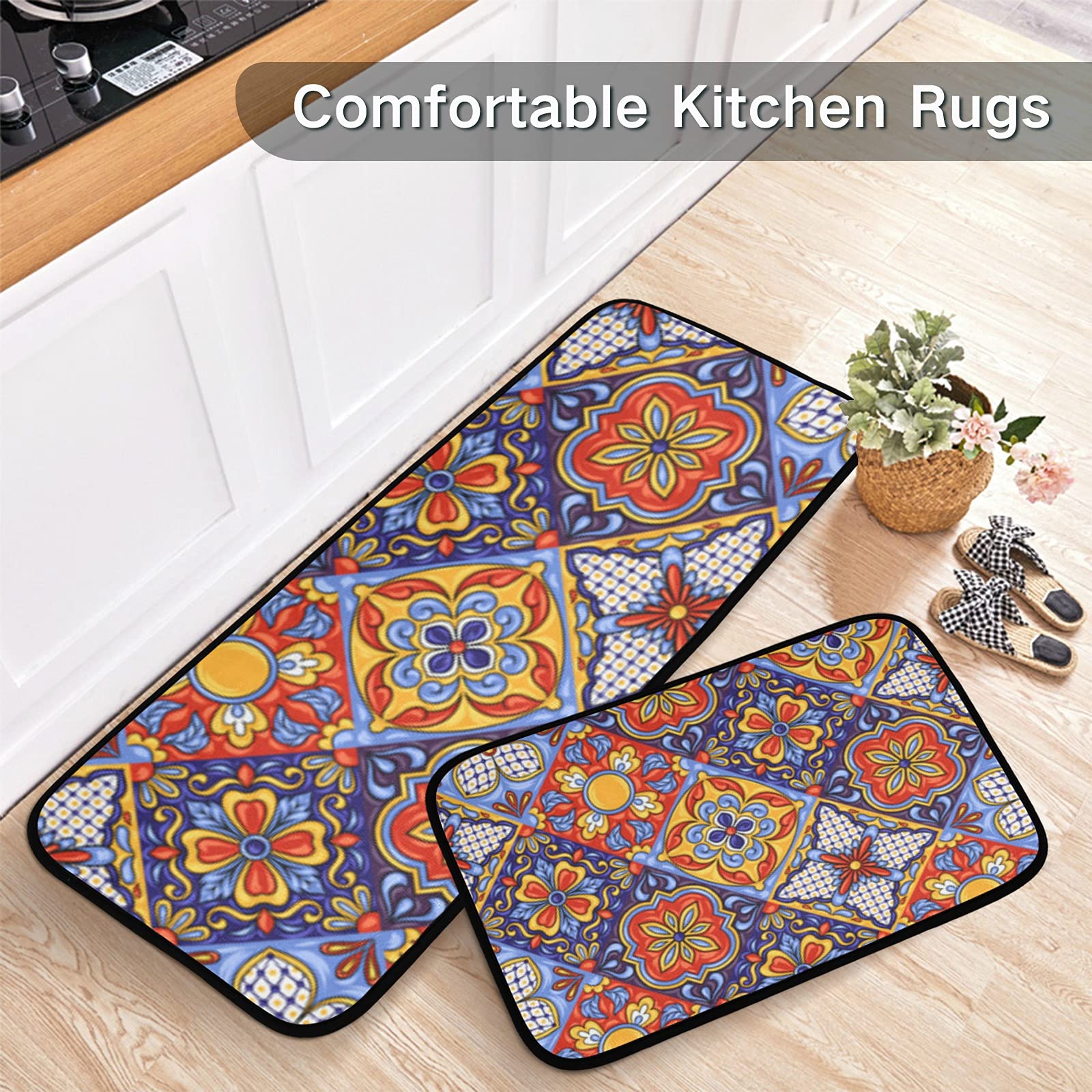 Mexican Talavera Ceramic Tile Pattern Kitchen Rugs Set - 2 Piece Cushioned Anti-Fatigue Non-Slip Washable Mats for Farmhouse, Bathroom Sink, Office & Home Decor - Perfect for Kitchens, Entryways and Laundry Rooms