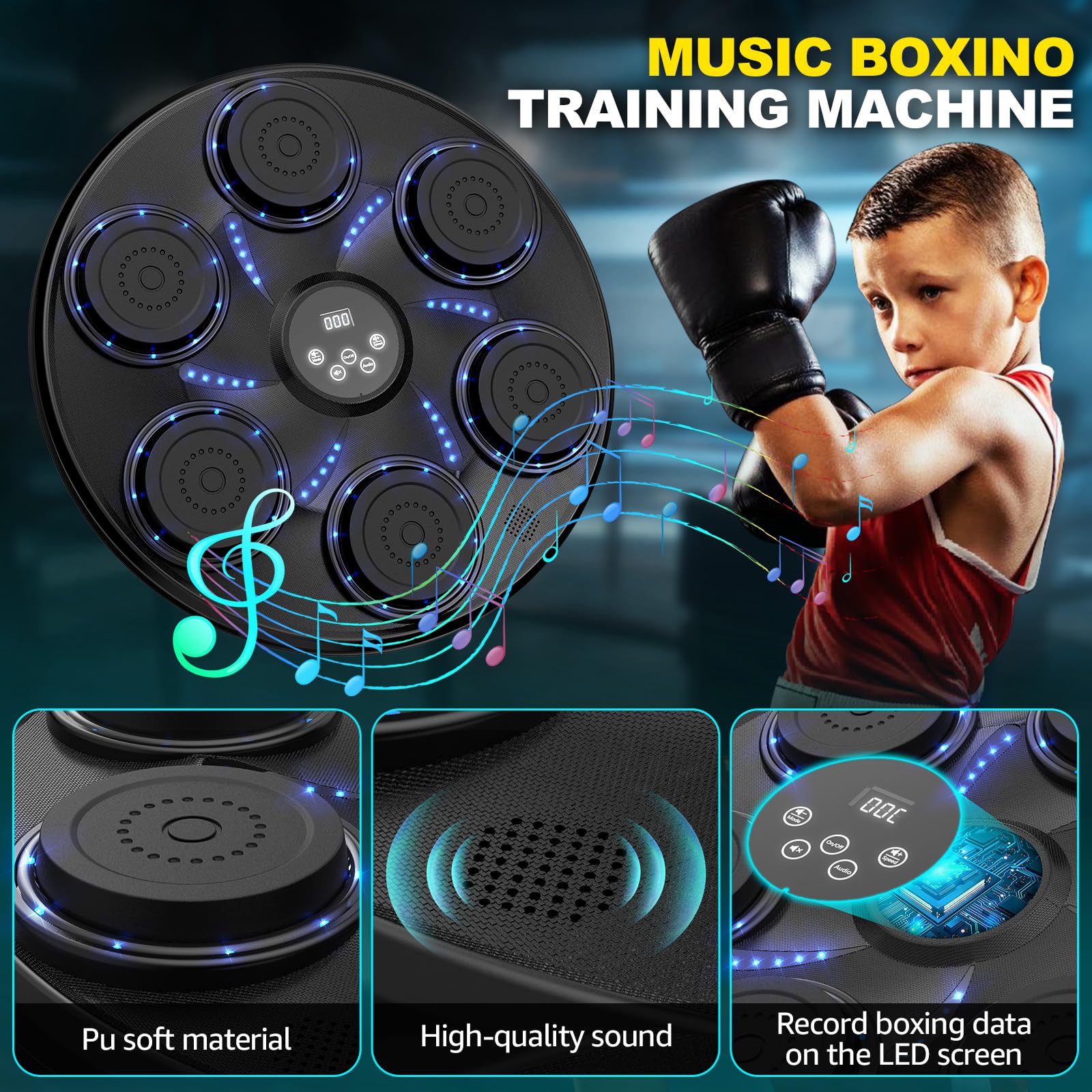 Bluetooth Music Boxing Machine for Adults & Kids - Smart Wall Mount Punching Bag with Gloves, Home Gym Equipment for Indoor Workouts | Perfect for Fitness Training, Stress Relief & Family Fun