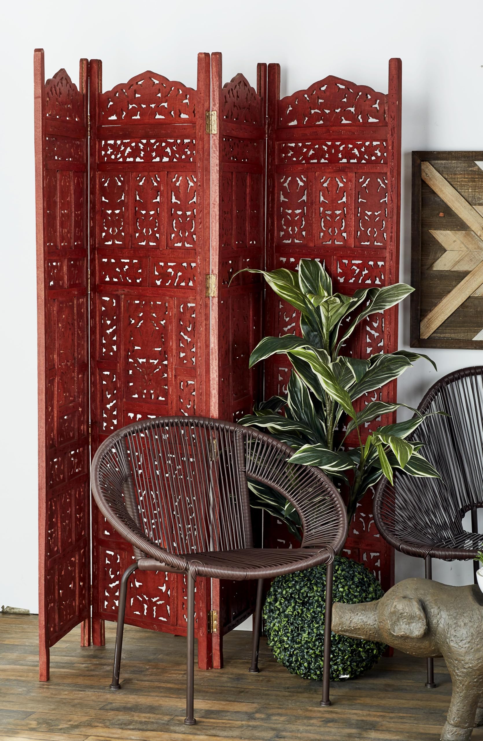 Handmade Wooden Floral Room Divider Screen - 4 Panel Foldable Privacy Partition 80
