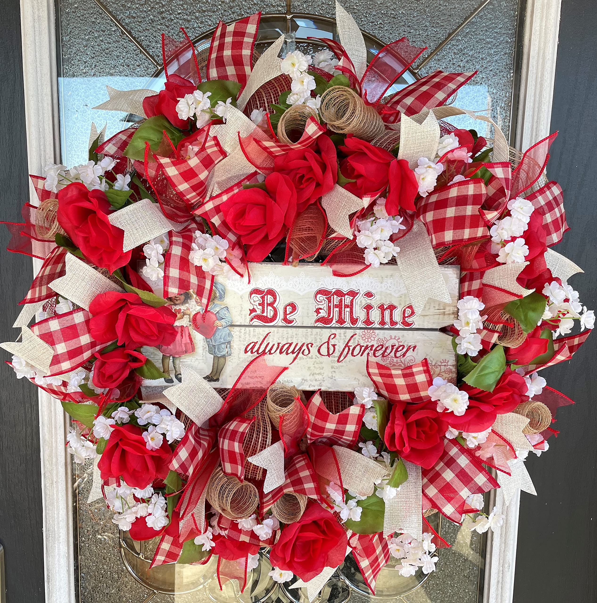 Vintage Be Mine Valentine's Day Mesh Wreath - Cupid Heart Door Decor for Spring, Porch, Patio & Yard Welcome - Romantic Home Decoration for Front Door & Outdoor Spaces