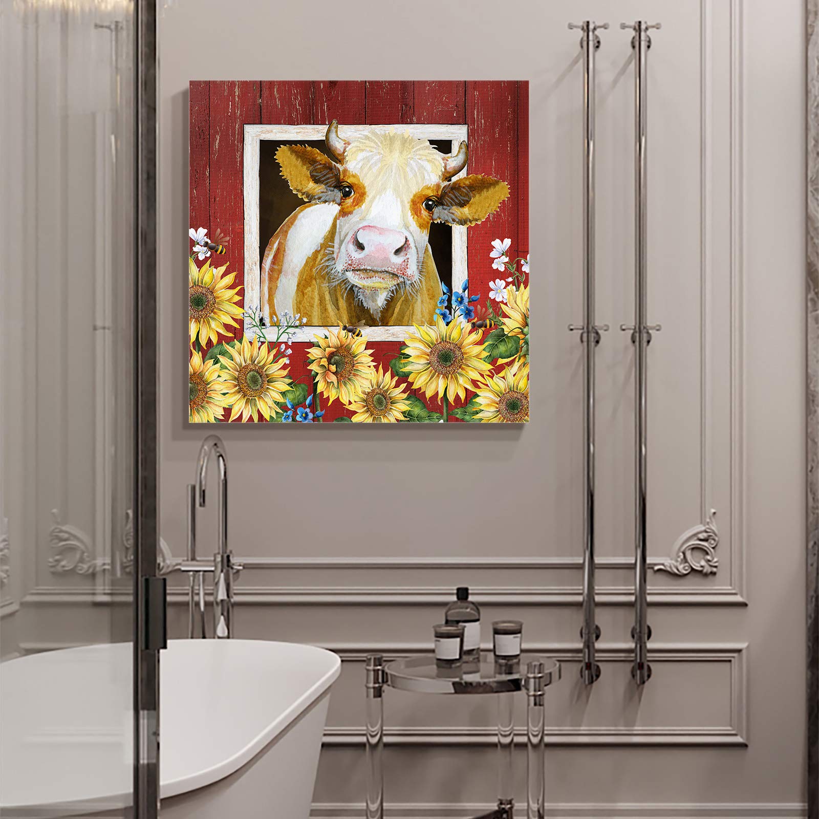 Sunflower Cow Canvas Wall Art - 24x24 Inch Framed Farmhouse Painting for Living Room & Kitchen Decor - Rustic Barn Animal Picture Ready to Hang - Perfect for Country Style Homes & Farmhouse Aesthetic