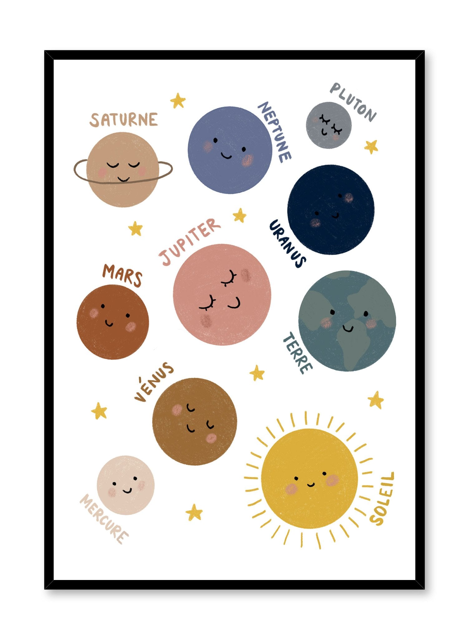 Happy Planets in French - Educational Space Poster for Kids Room Decor & Classroom Learning