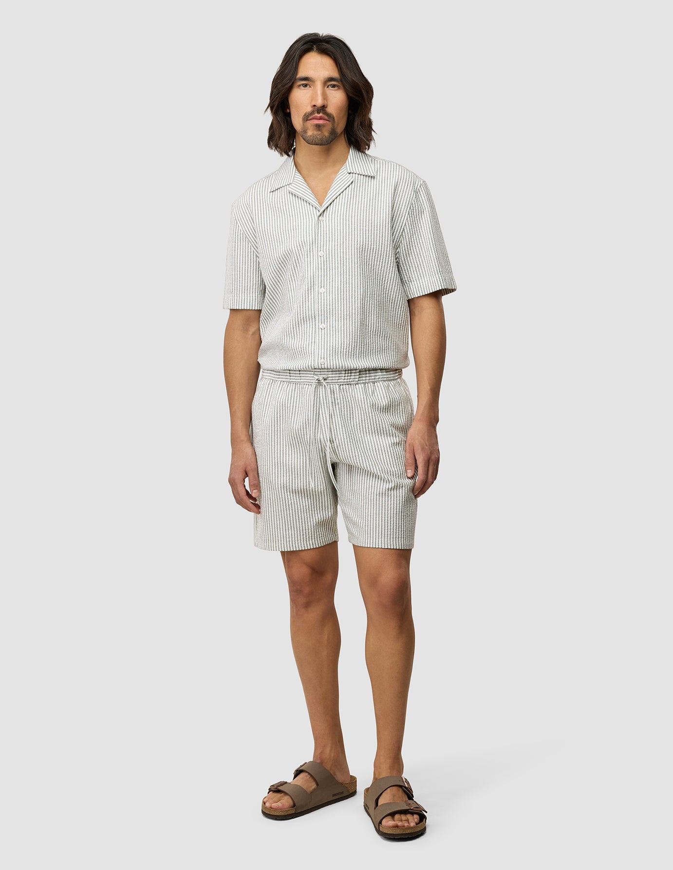 Breathable Seersucker Short Sleeve Shirt for Men - Green Striped Casual Button Down Shirt | Perfect for Summer, Beach Vacations & Outdoor Activities