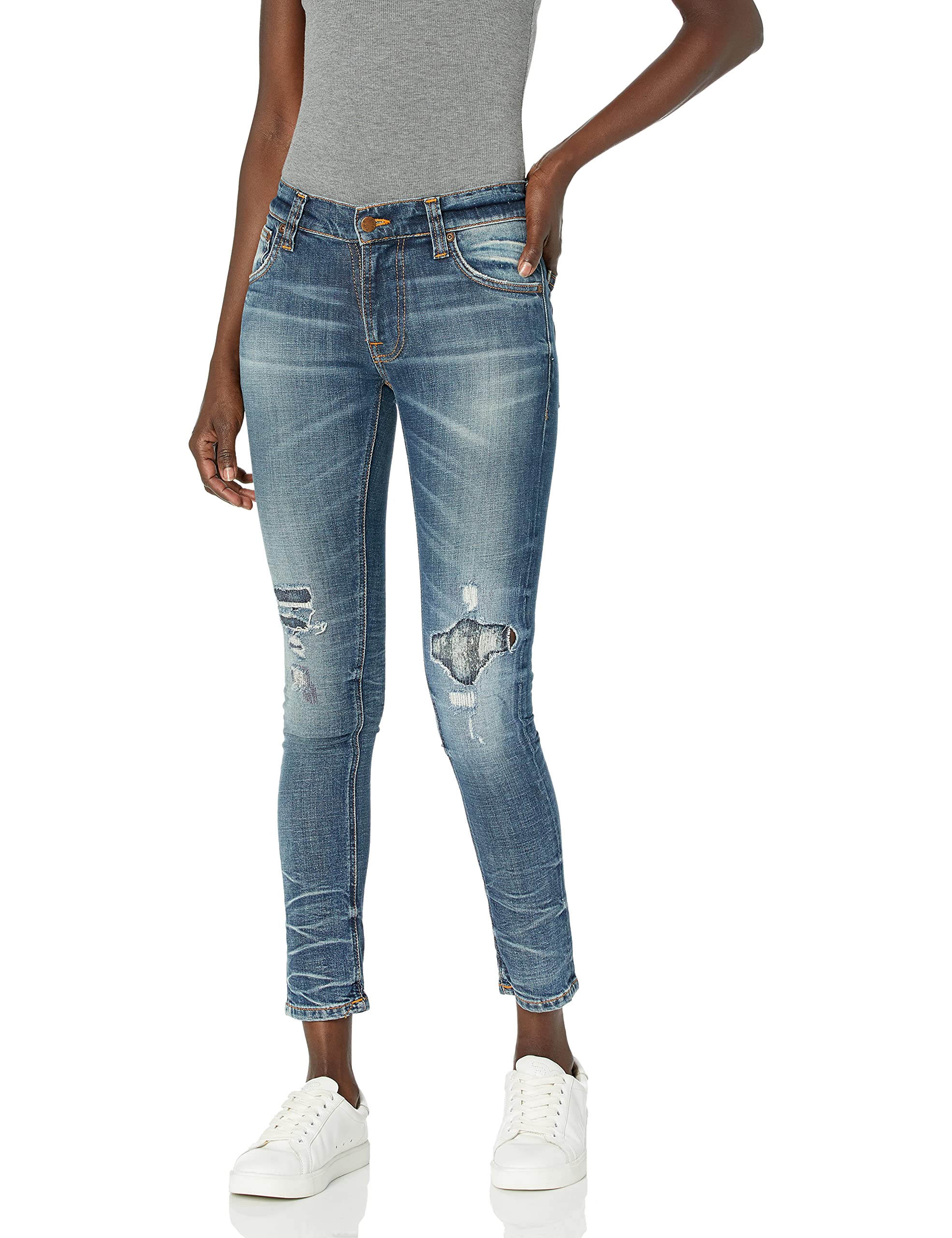 Nudie Jeans Women's Tight Terry Worn Repaired High Waist Skinny Jeans - Vintage Distressed Denim Pants for Casual Wear & Street Style