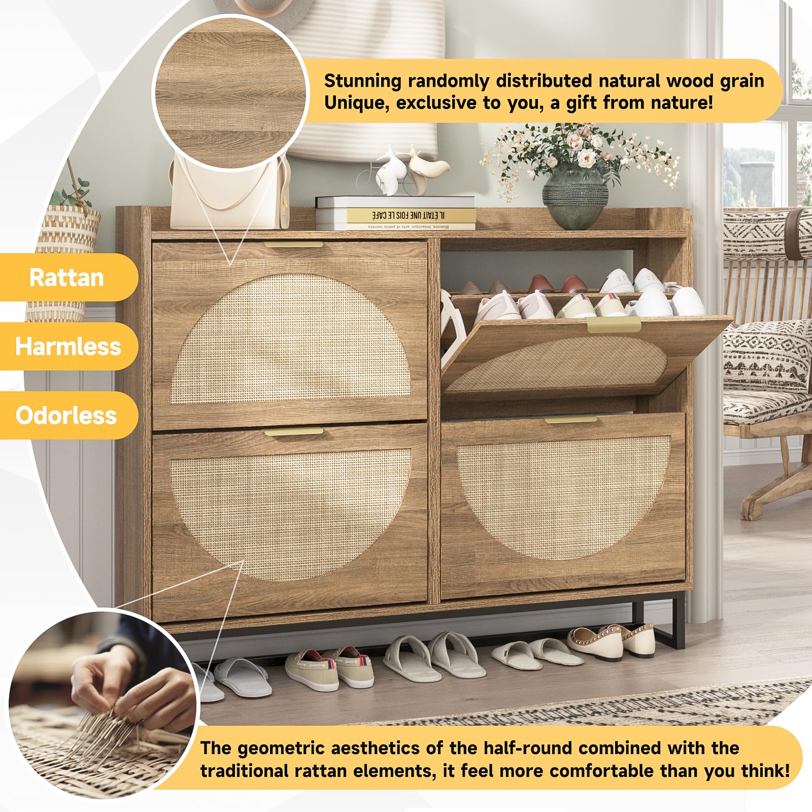 Maupvit 4-Drawer Rattan Shoe Cabinet - Freestanding Shoe Organizer with Metal Legs for Entryway Storage