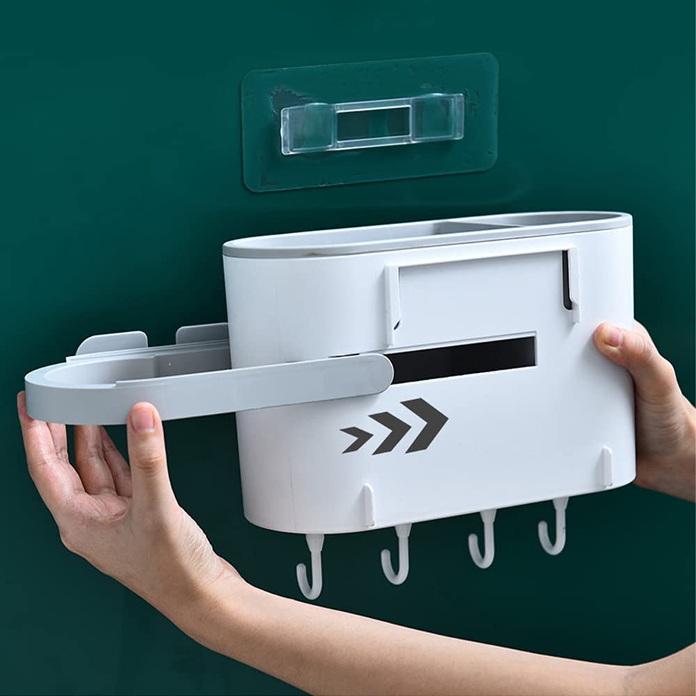 AFULILI Wall Mounted Bathroom Organizer - No Drill Bathroom Storage Shelf with Hair Dryer Holder & 4 Hooks for Towels, Perfect for Bathroom, Shower, Toilet & Kitchen (Grey) - Space Saving Solution for Small Bathrooms & Apartments