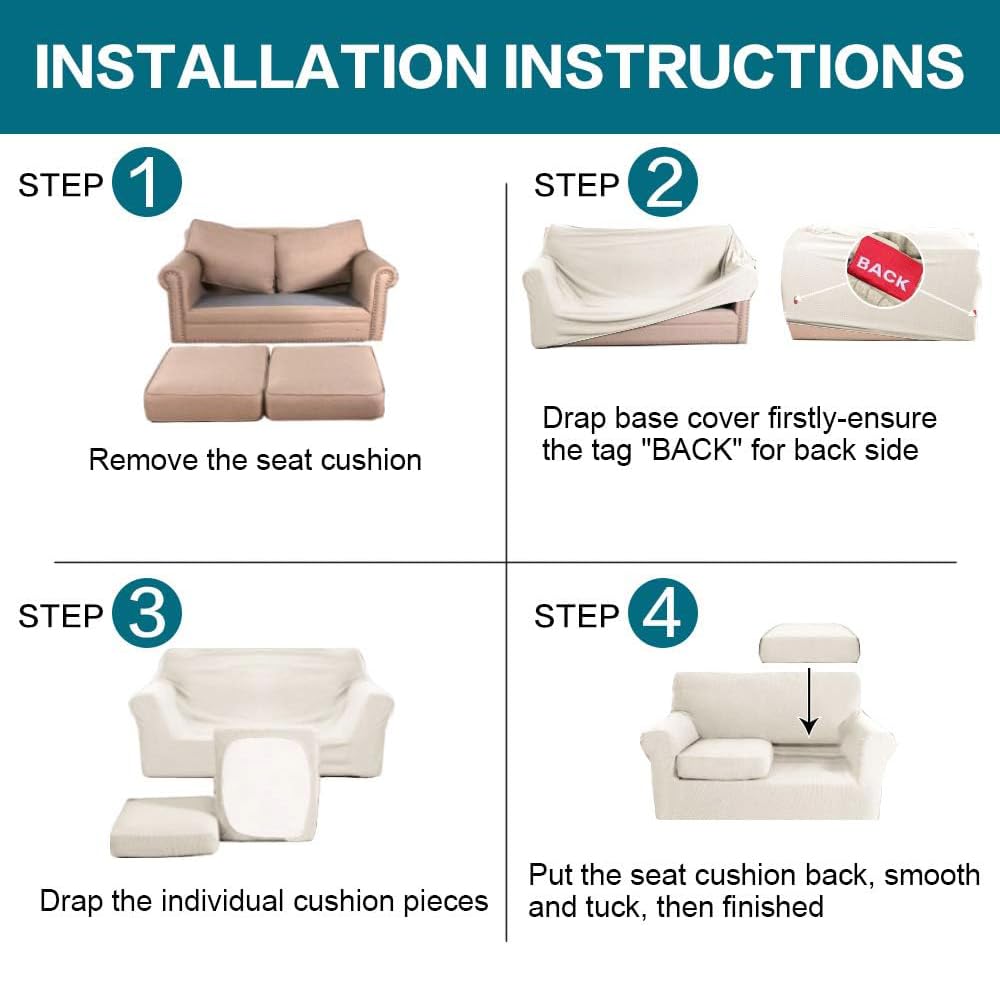 Turquoise 3-Piece Sofa Cover Set for 2-Cushion Couches - Soft, Washable, Pet-Friendly Slipcover with Thick Fabric & 2 Individual Cushion Covers (Ivory) | Perfect for Living Room, Family Room & Pet Owners
