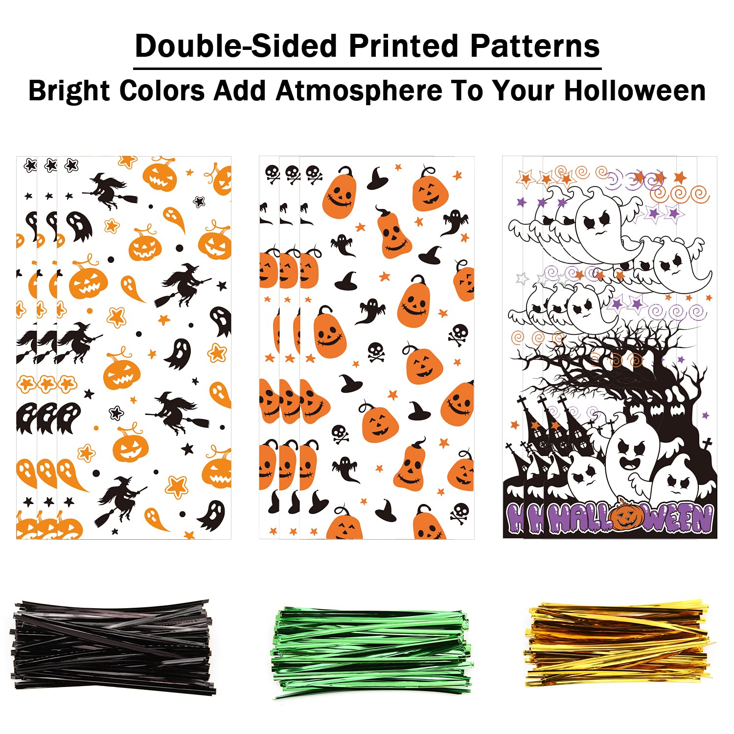LOMIMOS 150PCS Halloween Cellophane Candy Bags with 300PCS Twist Ties - Clear Plastic Treat Bags for Snacks, Cookies & Party Favors - Perfect for Halloween Parties, Trick-or-Treating & Gift Giving
