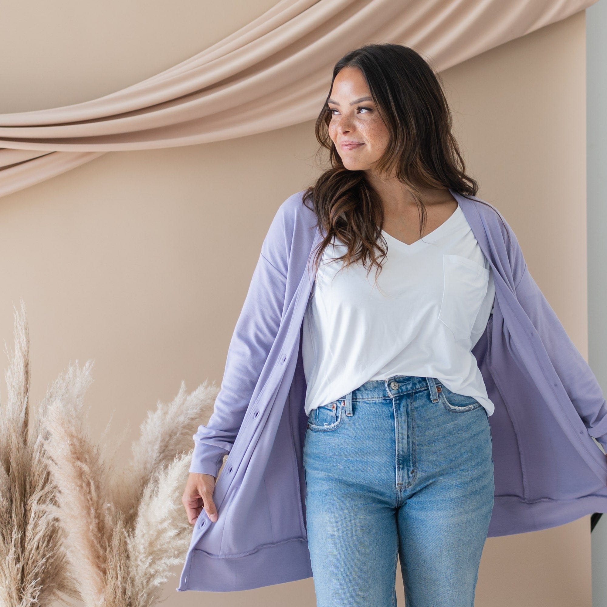 Soft & Cozy Bamboo Jersey Adult Cardigan in Taro Purple - Lightweight Sweater for Women, Perfect for Casual Wear, Office & Relaxing at Home