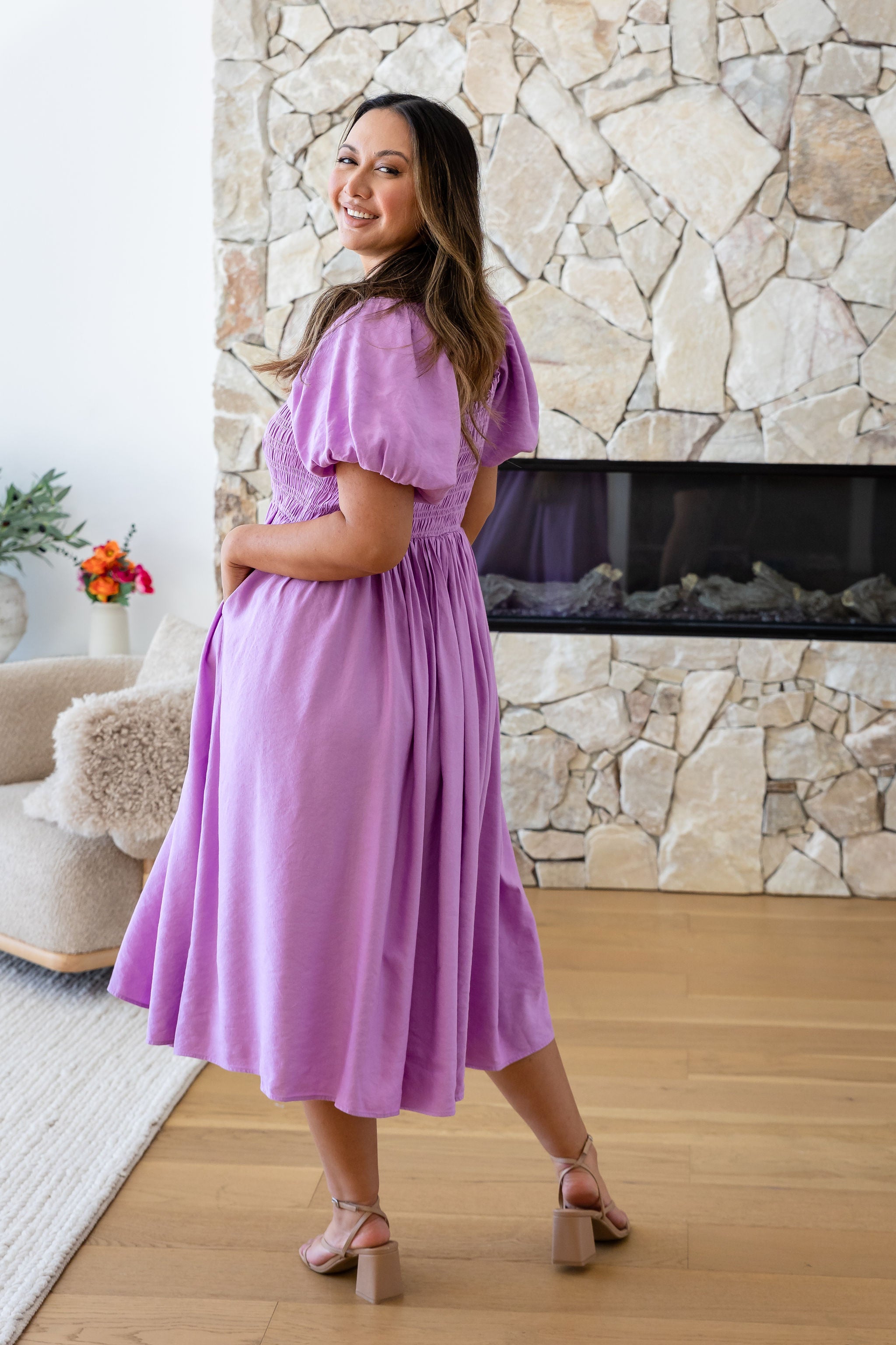 Stelle Linen Blend Midi Dress in Berry - Flowy Summer Dress for Women, Casual & Elegant - Perfect for Beach Vacations, Brunch Dates & Summer Weddings