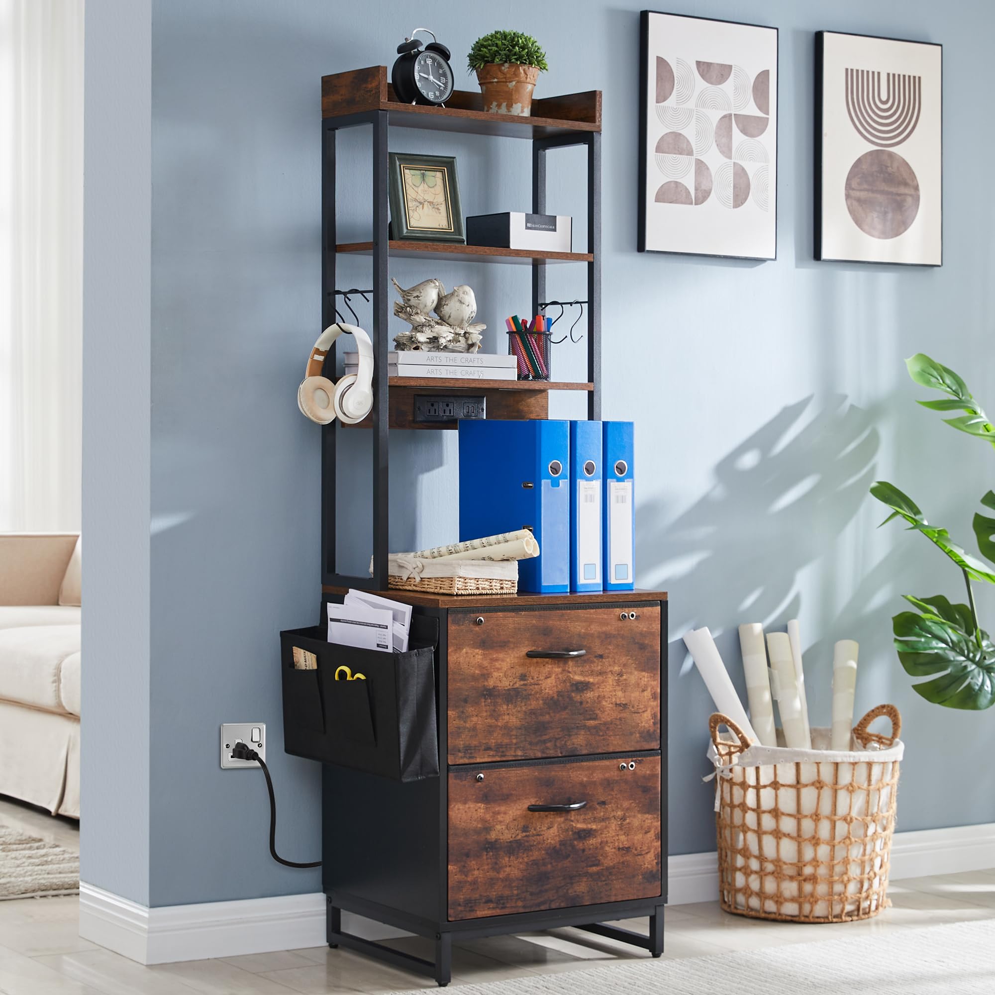2-Drawer File Cabinet with Adjustable Hanging Folders & Storage Shelf - Letter/A4 Size Office Storage with Built-in Power Outlet - Perfect for Home Office, Study Room & Small Workspaces