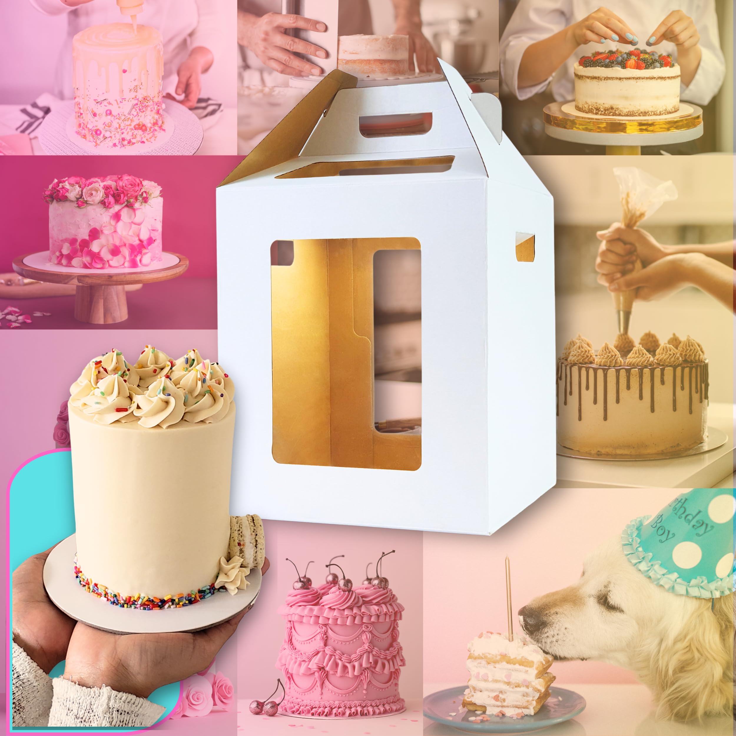 BOOMBE 12x12x14 Inch Tall Cake Boxes with Lids & Handles - 6 Pack White Bakery Boxes with Window for Layer Cakes - Perfect for Wedding Cakes, Birthday Cakes & Professional Baking Display