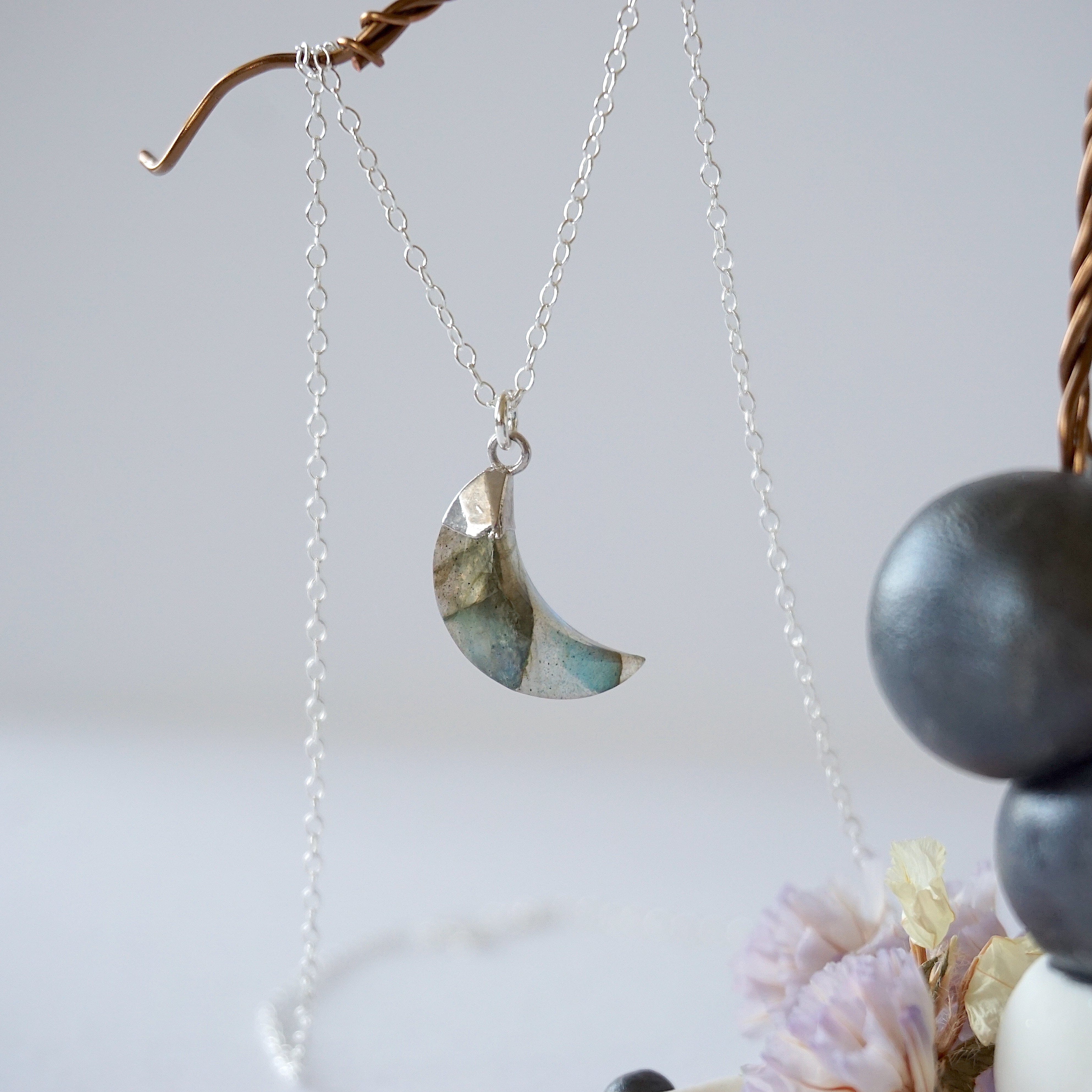 Labradorite Sterling Silver Moon Charm Necklace – Elegant Gemstone Jewelry for Women, Moon Phase Pendant Gift for Her | Perfect for Spiritual Healing, Boho Fashion & Special Occasions