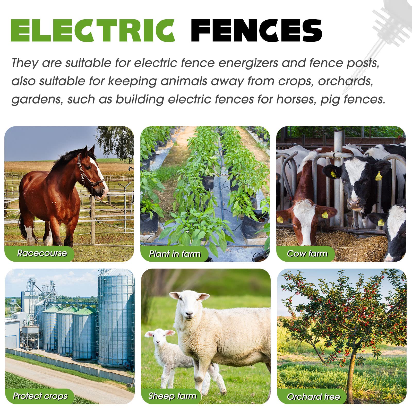 200 Pcs Black Electric Fence Insulators with Socket Tool - Screw-in Ring for Wood/Post Fencing - Durable Animal Containment Solution for Farms, Ranches & Livestock Protection
