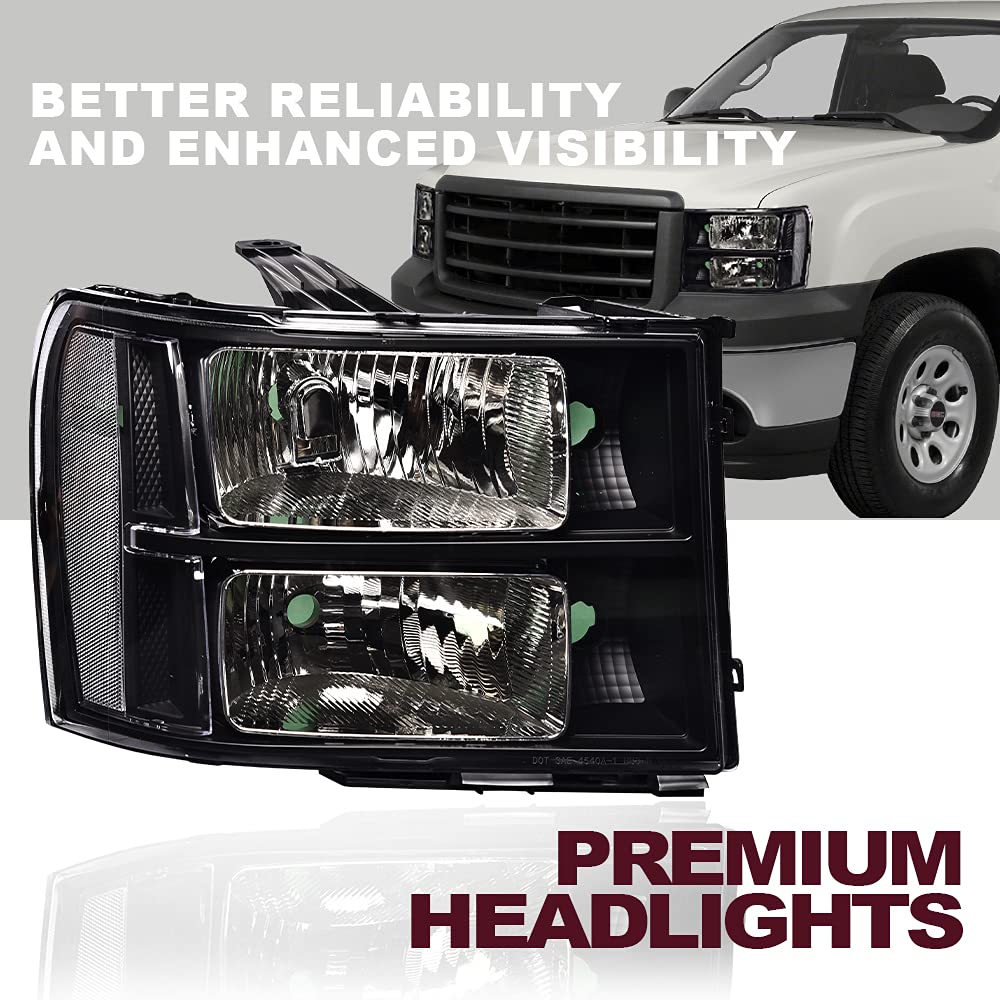 G-PLUS Replacement Headlights for GMC Sierra 1500 2007-2013 & Sierra 2500HD/3500HD 2007-2014 - Black Housing Clear Lens Headlamps (Left & Right Pair) - Perfect for Night Driving & Off-Road Adventures