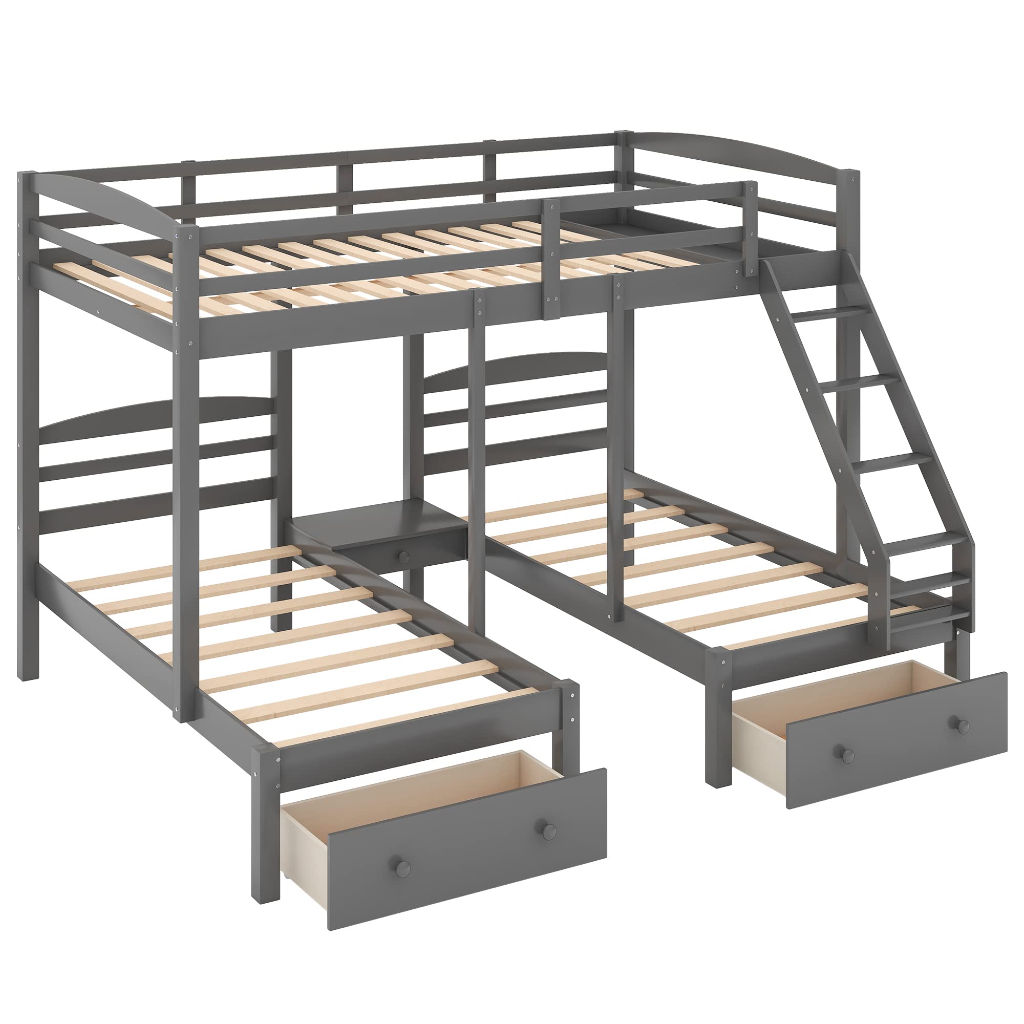 P PURLOVE Full Over Twin and Twin Wood Triple Bunk Bed Frame with Storage Drawers, No Box Spring Needed - Space-Saving Kids Bedroom Furniture for Shared Rooms & Sleepovers (Gray)