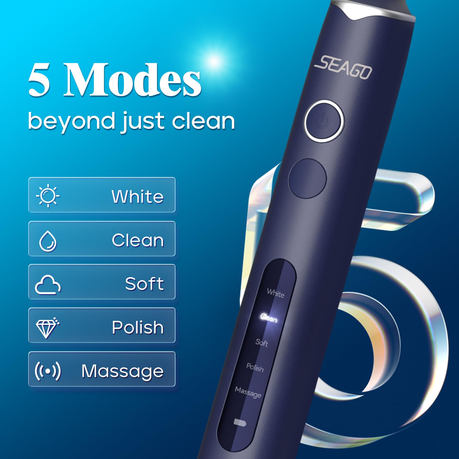 SEAGO Sonic Electric Toothbrush with 8 Replacement Brush Heads - 5 Cleaning Modes, Teeth Whitening in 14 Days, Waterproof Design for Adults & Kids (Blue, Model SG-2603) - Perfect for Home, Travel & Daily Oral Care