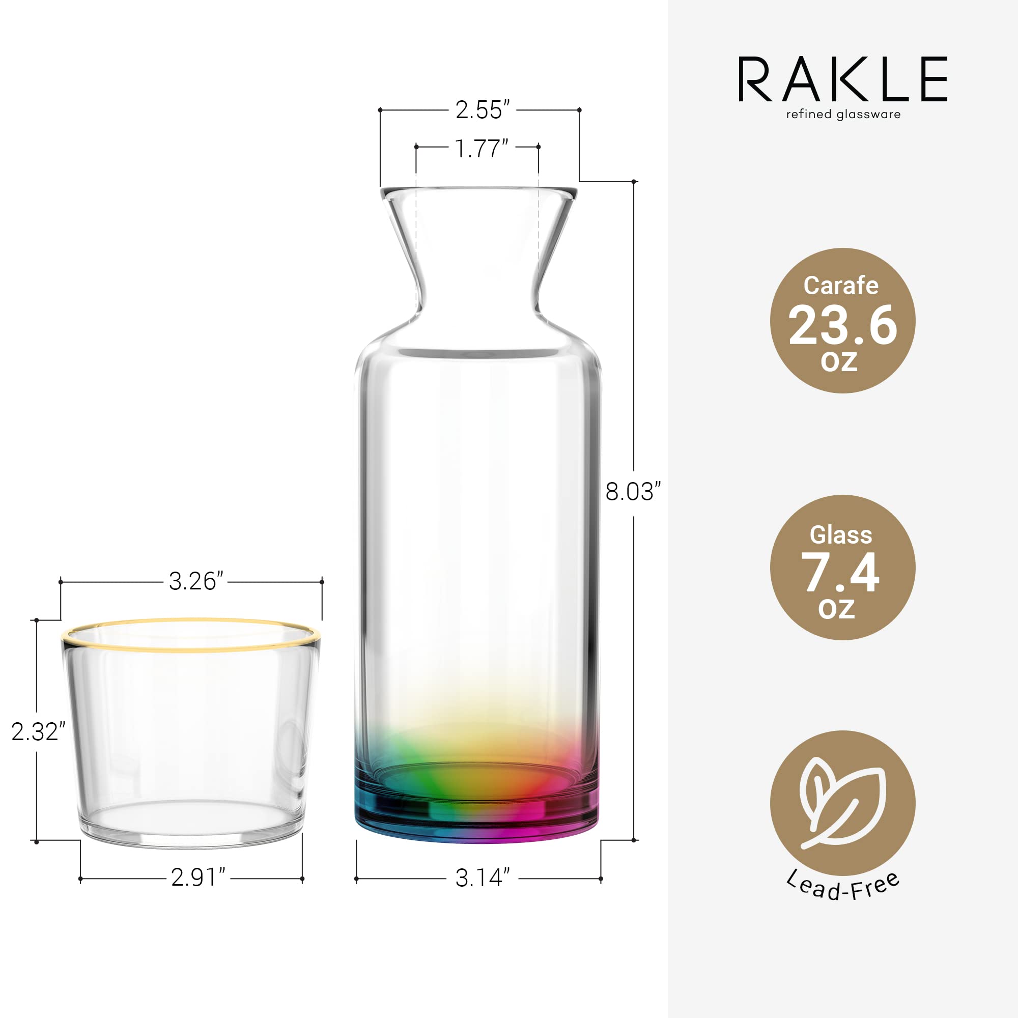 Rainbow Glass Water Carafe with Glass - 23.6oz Bedside Water Pitcher for Bedroom, Nightstand & Bathroom - BPA-Free Drinking Water Jug for Juice, Lemonade & Mouthwash - Perfect for Hydration at Home, Office or Hotel Stay