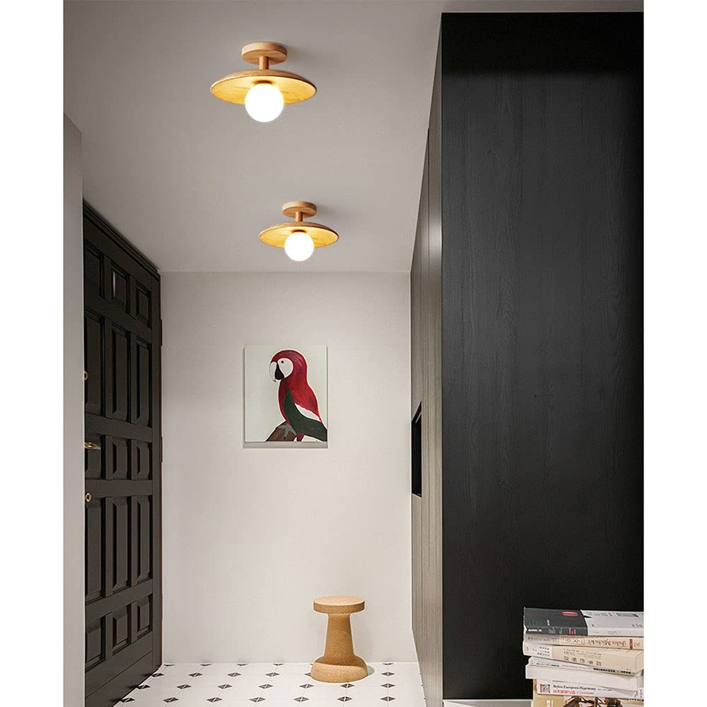 Japanese Style Wooden Flush Mount LED Ceiling Light - White Light Modern Minimalist Fixture for Bedroom, Living Room, Corridor & Entryway