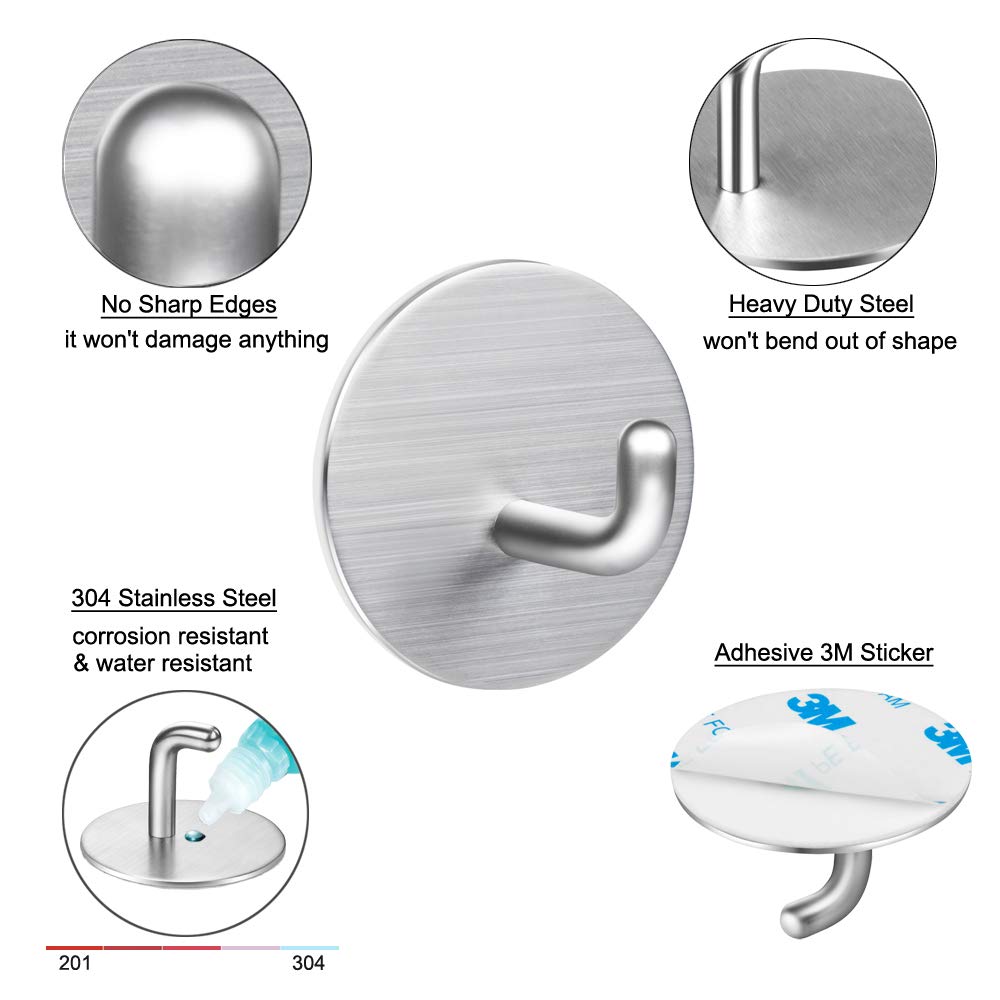 SMBOX Heavy Duty Stainless Steel Self Adhesive Hooks - Waterproof Wall Mount Hangers for Towels, Coats & Clothes - Strong Sticky Hooks for Bathroom, Kitchen, Bedroom, Closet & Door Organization