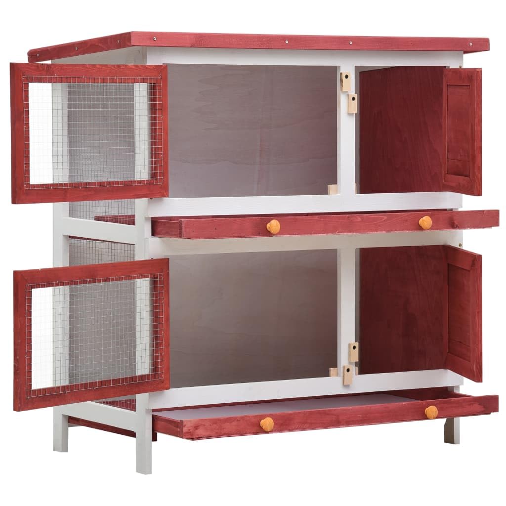 Premium Outdoor Rabbit Hutch with 4 Doors - Durable Red Wooden Cage for Small Pets - Perfect for Backyard, Garden, or Patio Use