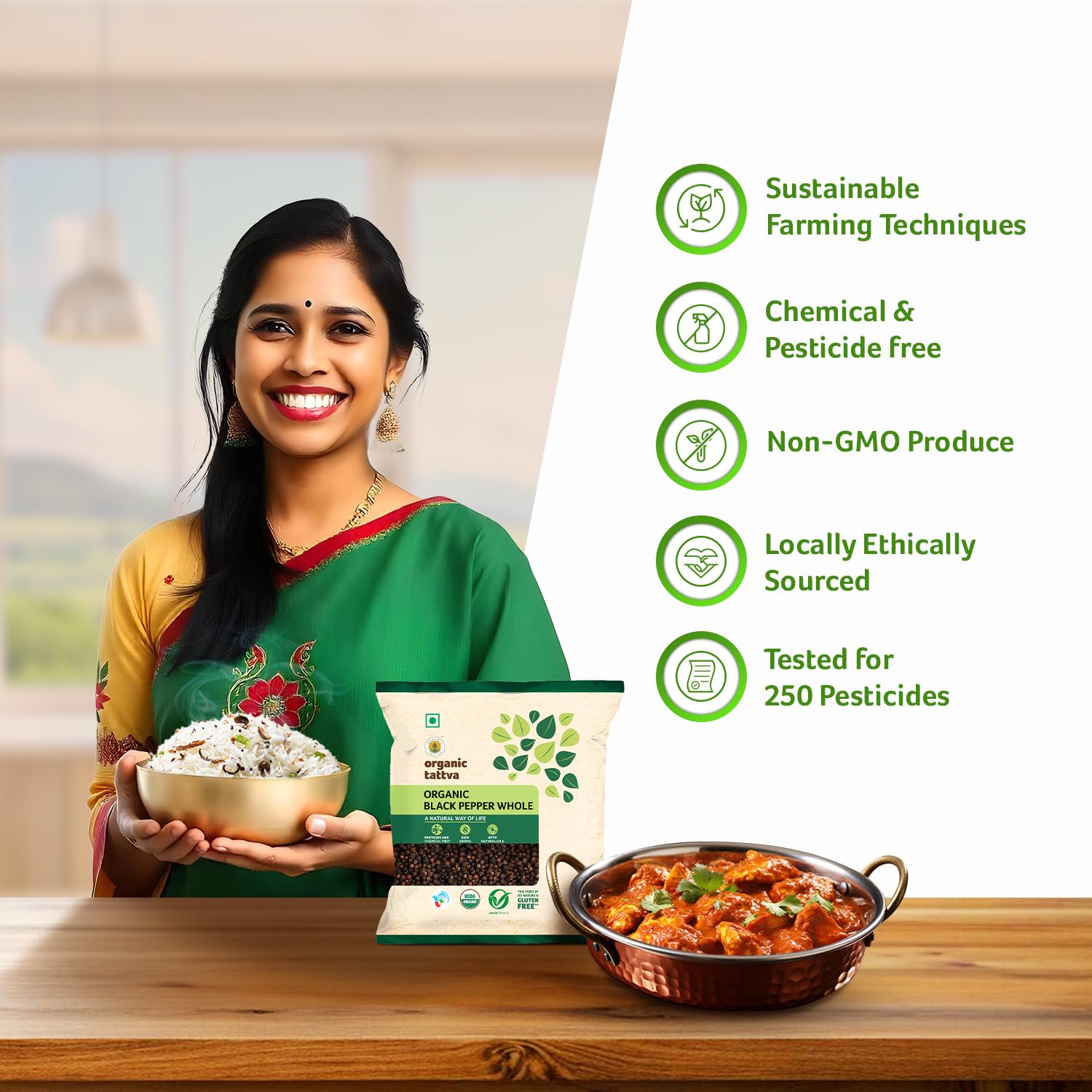 Organic Tattva Gluten-Free Black Pepper (Kali Mirch) - 100g | Farm-Fresh, Naturally Processed, No Artificial Additives | Perfect for Cooking, Seasoning & Healthy Recipes