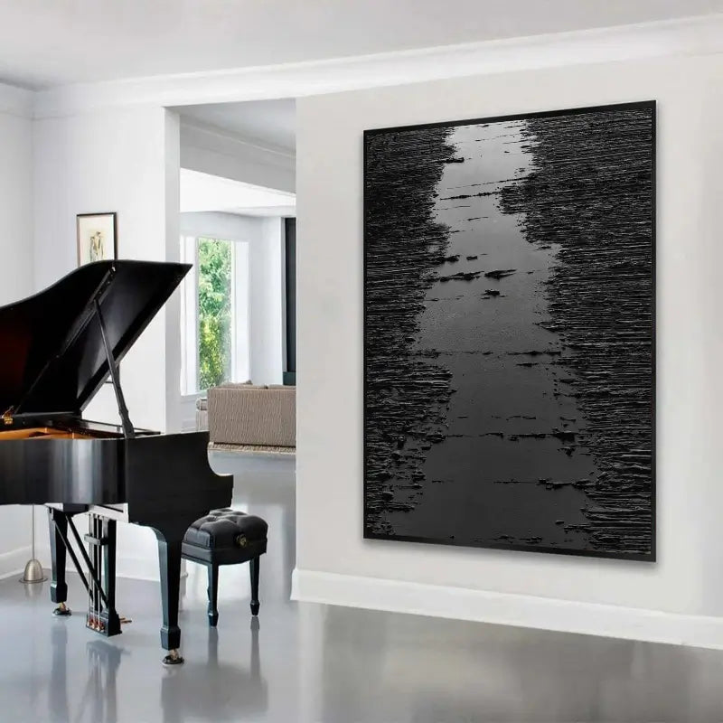 Modern Black Minimalist Textured Canvas Wall Art Painting - Abstract Home Decor for Living Room, Bedroom & Office | #MZ008